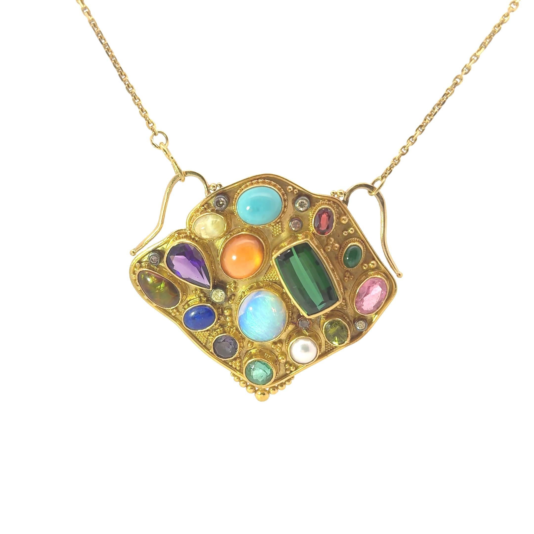 Taglio cuscino Collana con ciondolo in oro giallo 22k con pietre preziose multicolori Felix in vendita