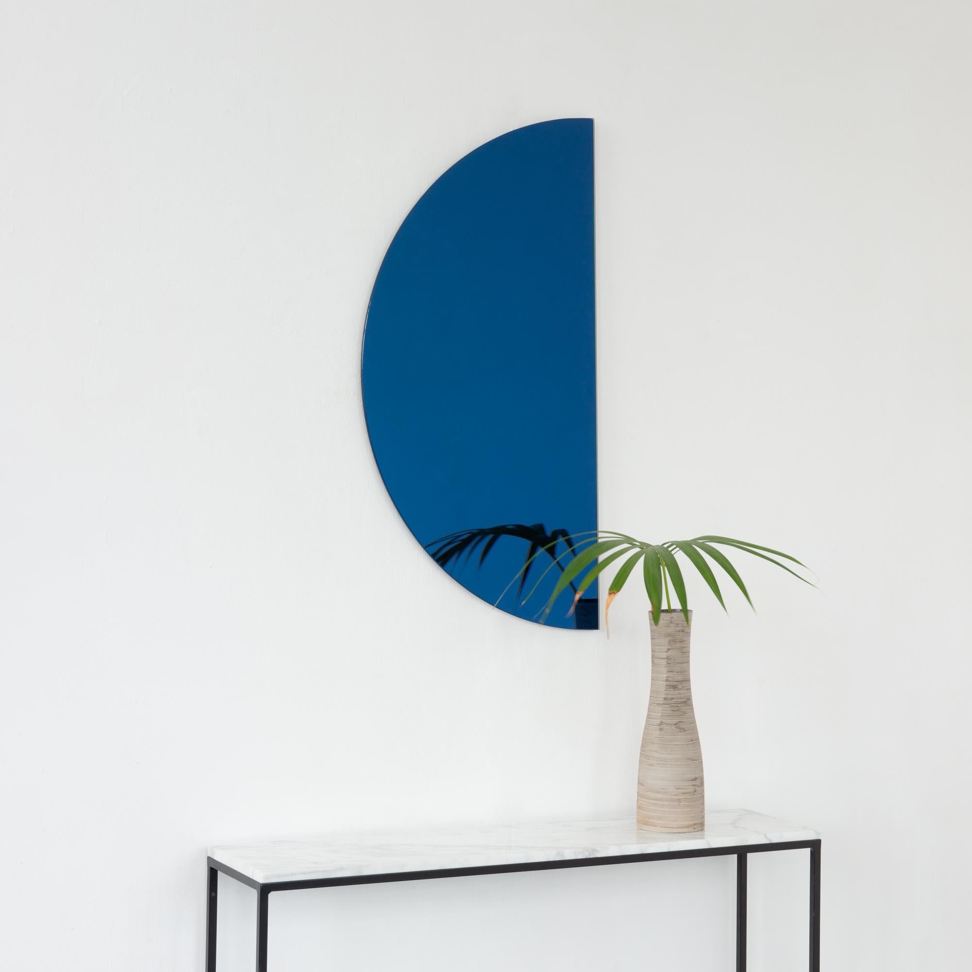 Organic Modern Luna Half-Moon Blue Tinted Semi-circular Contemporary Frameless Mirror, Large For Sale