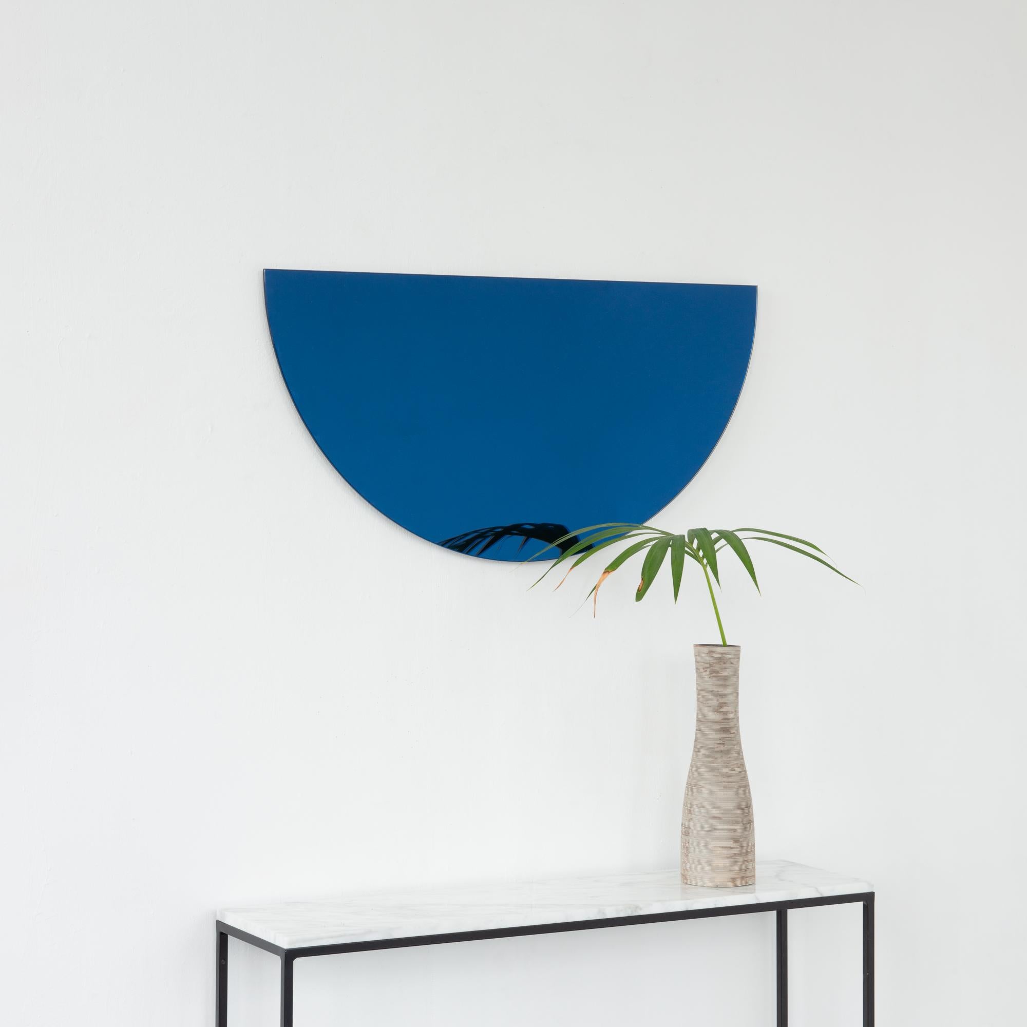 Bronzed Luna Half-Moon Blue Tinted Semi-circular Contemporary Frameless Mirror, Large For Sale