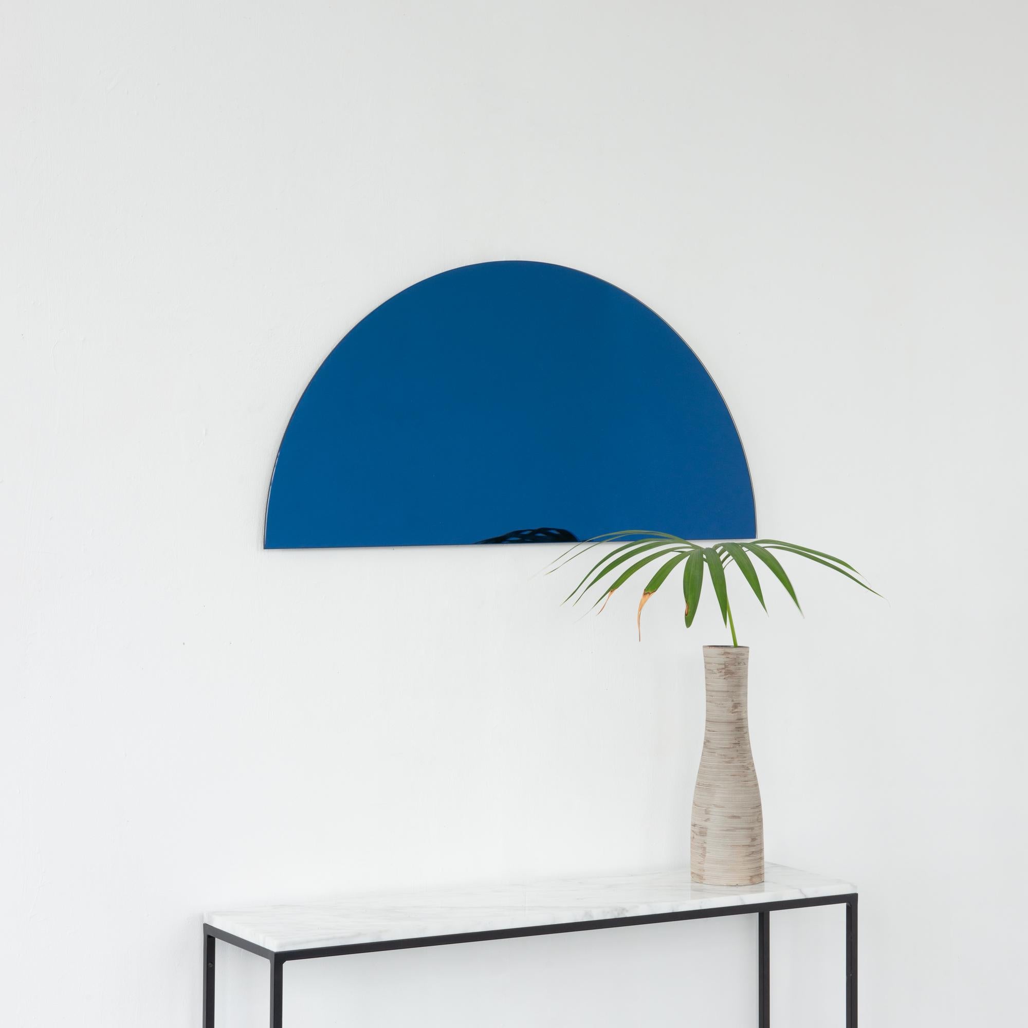 Luna Half-Moon Blue Tinted Semi-circular Contemporary Frameless Mirror, Large For Sale 1