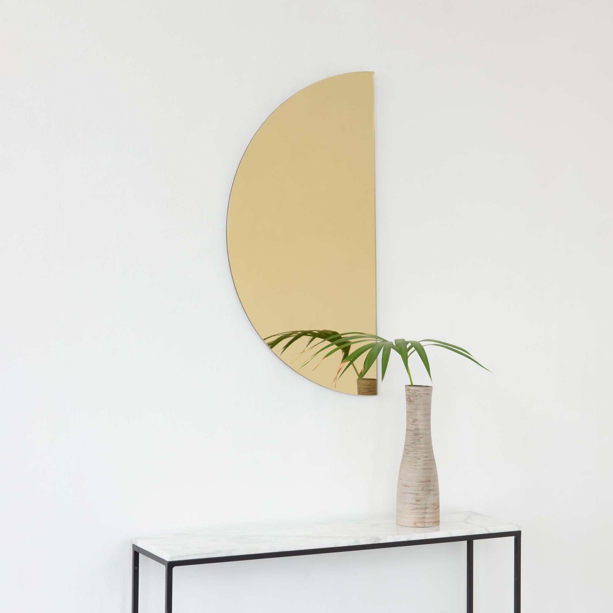 British Luna Half-Moon Gold Tinted Frameless Contemporary Mirror, Regular For Sale