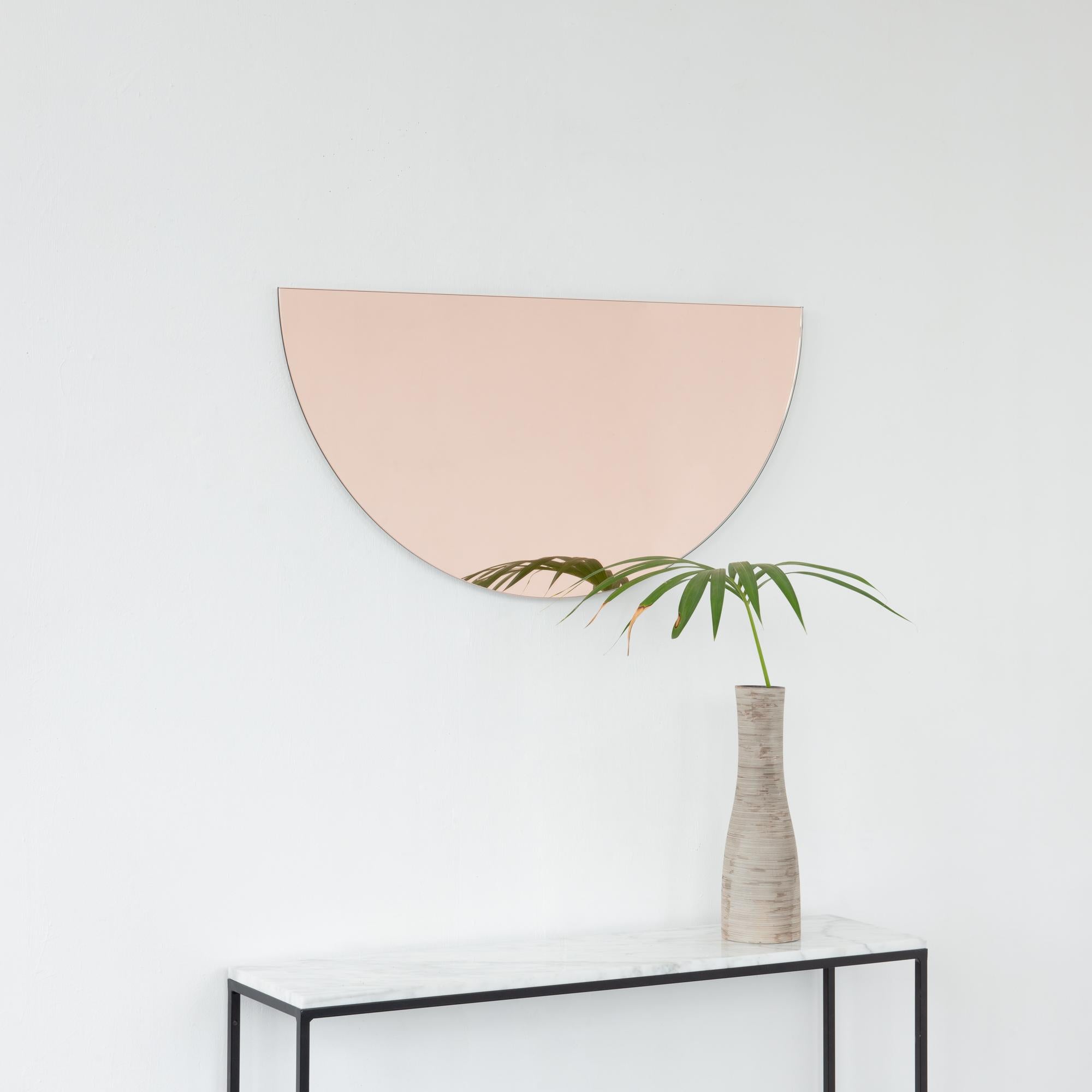 Luna Half-Moon Rose Gold Peach Tinted Minimalist Frameless Mirror, Regular In New Condition For Sale In London, GB