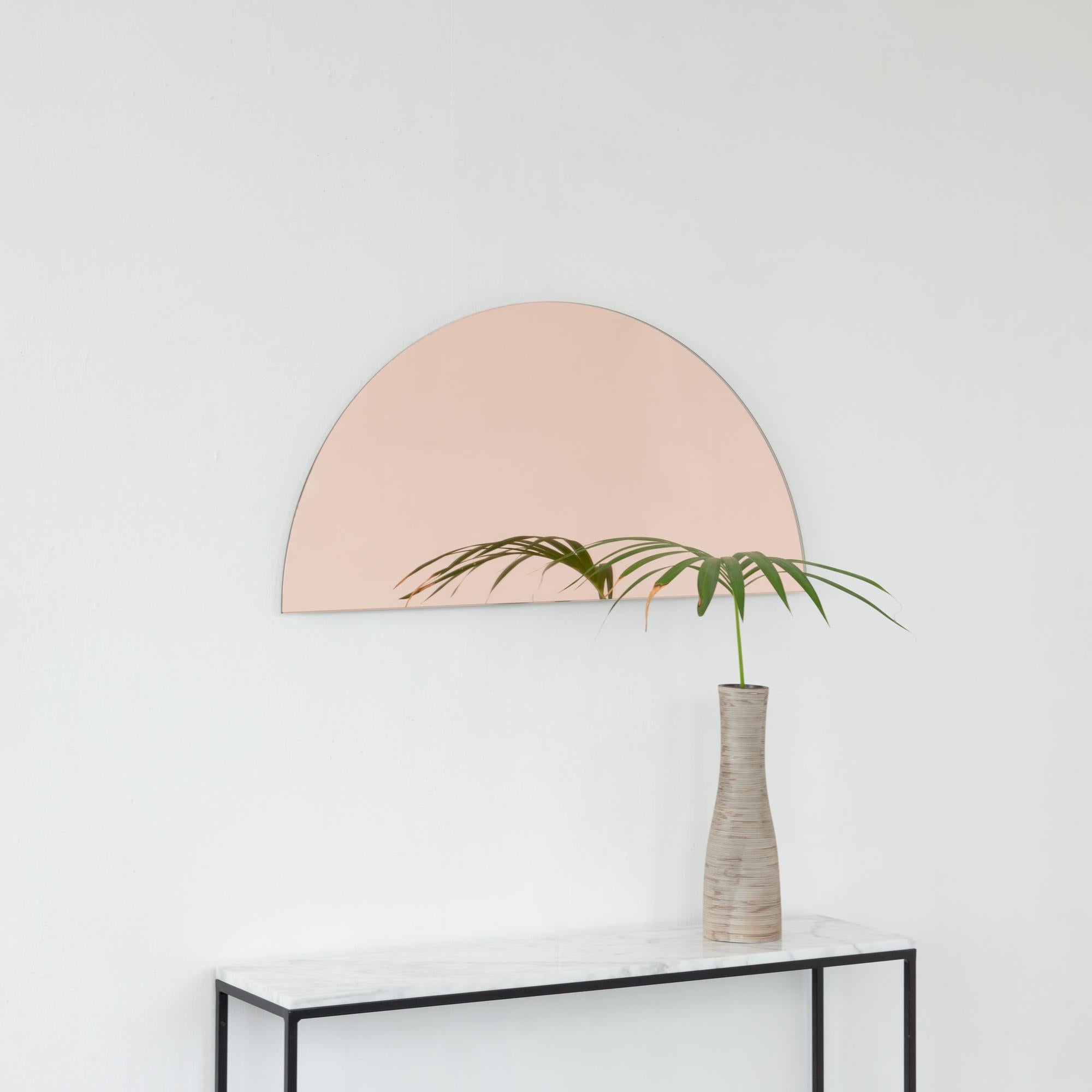 British Luna Half-Moon Rose Gold Tinted Modern Frameless Mirror Floating Effect, Medium For Sale