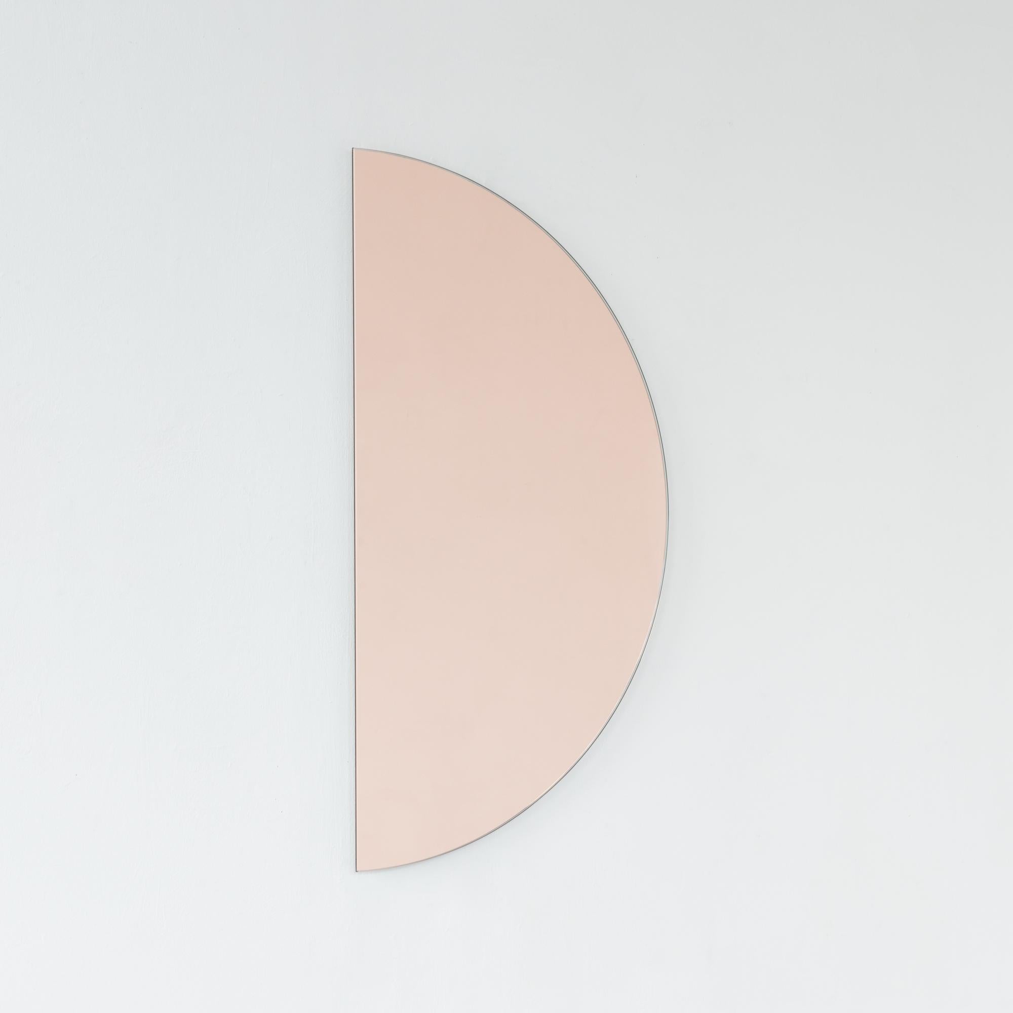 Luna Half-Moon Rose Gold Tinted Modern Frameless Mirror Floating Effect, Medium In New Condition For Sale In London, GB