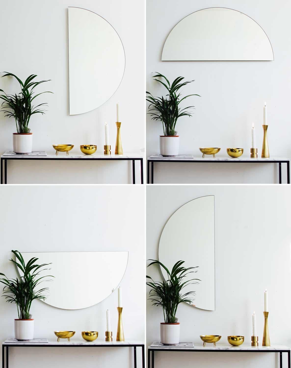 Moderne Miroir semi-circulaire minimaliste Luna à demi-lune avec cadre en laiton, moyen en vente