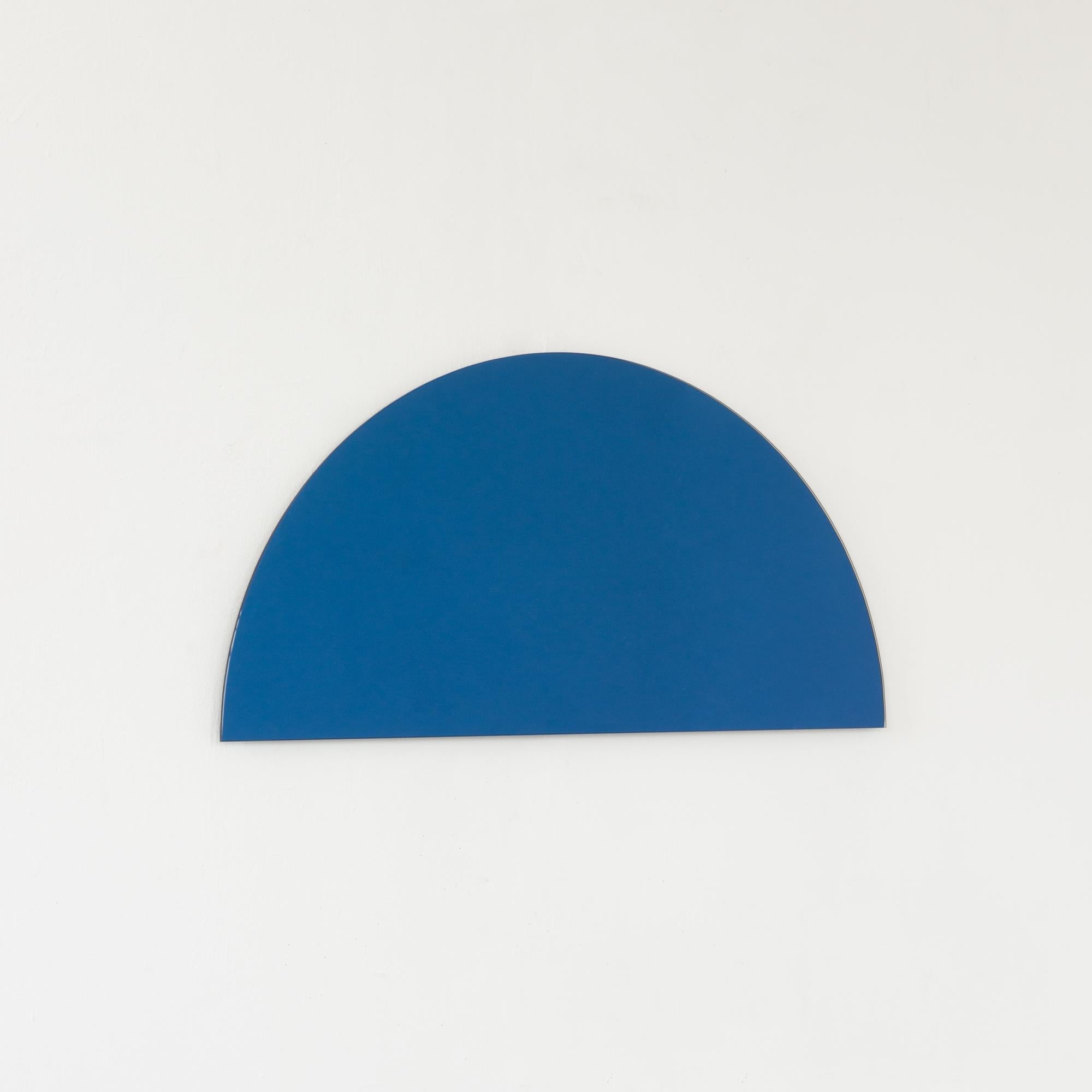Organic Modern Luna In Stock Half-Moon Blue Tinted Frameless Semi-circular Mirror, Medium For Sale