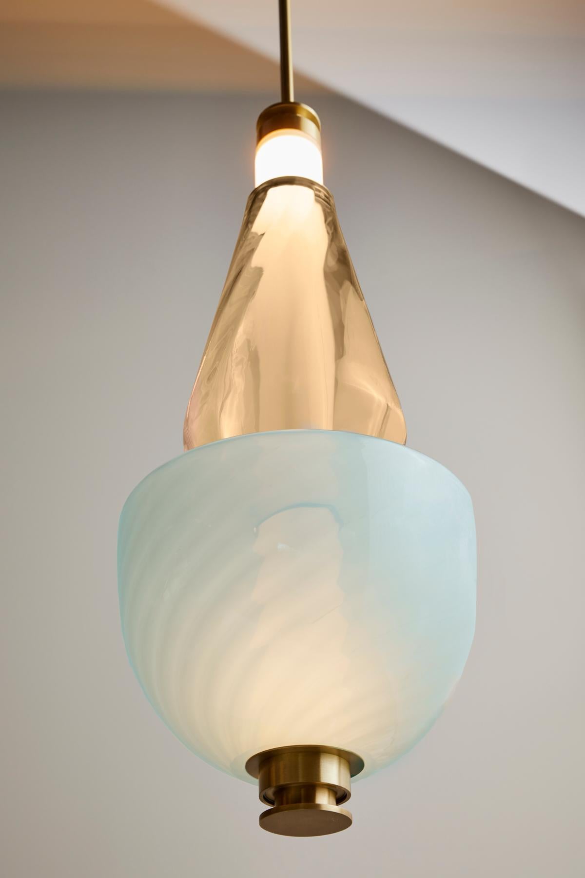Contemporary Luna Kaleido Large Pendant in Satin Brass with Smoked Bronze & Opaque Blue Glass