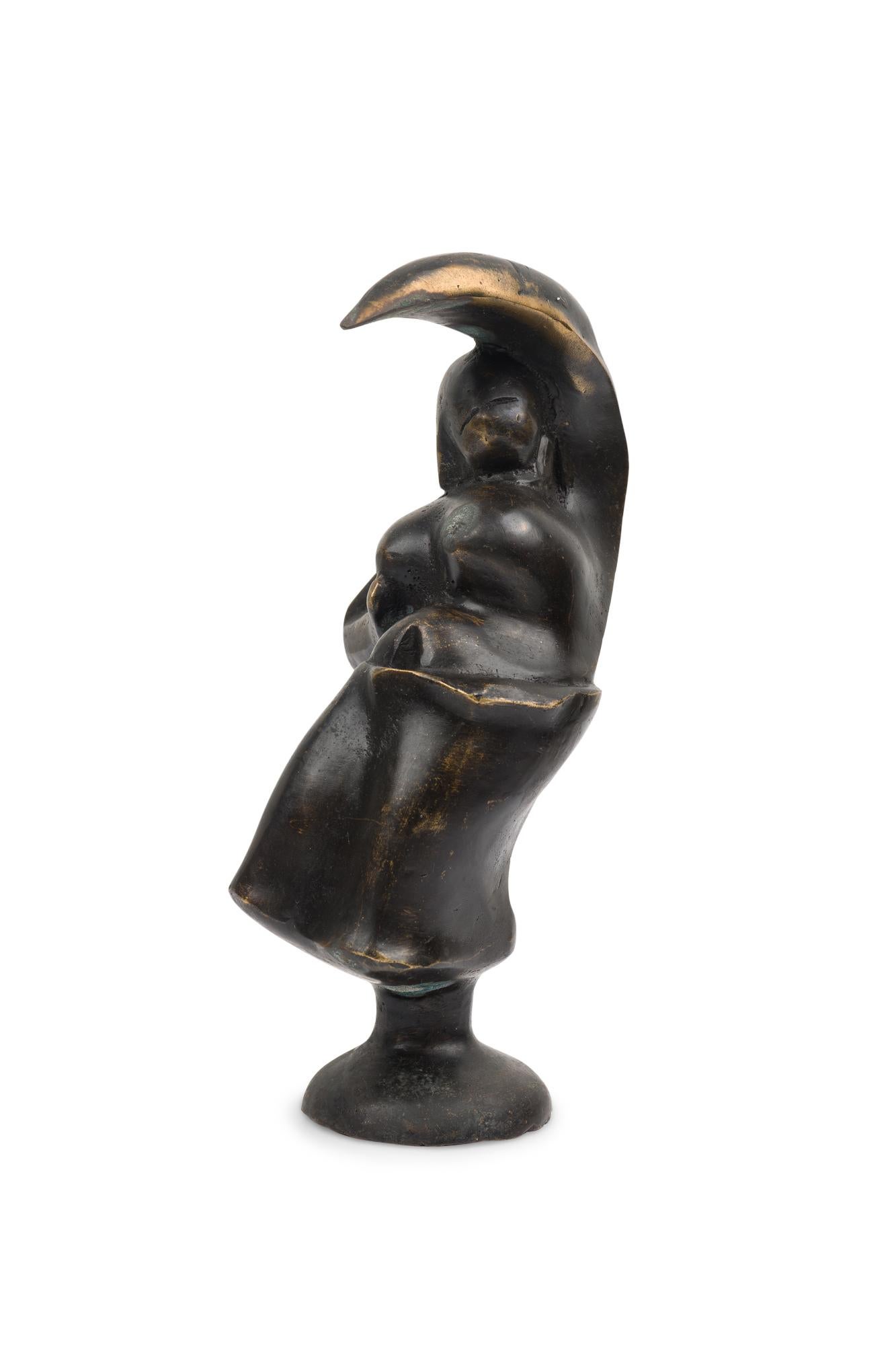 Contemporary hand-forged bronze Brutalist-inspired figural sculpture depicting a female carved into a crescent moon shape finished in an ebonized patina. (PRICED EACH) (