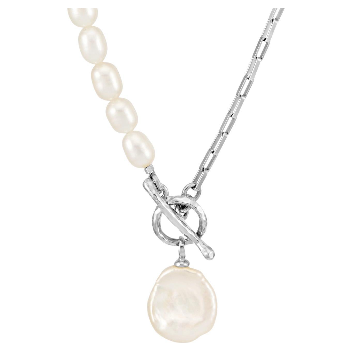 Luna Medium Freshwater Pearl, Chain and Keshi Drop Necklace In Sterling Silver For Sale