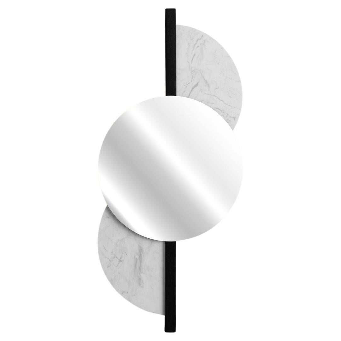 Specchio Luna in metallo nero e marmo bianco di Carrara