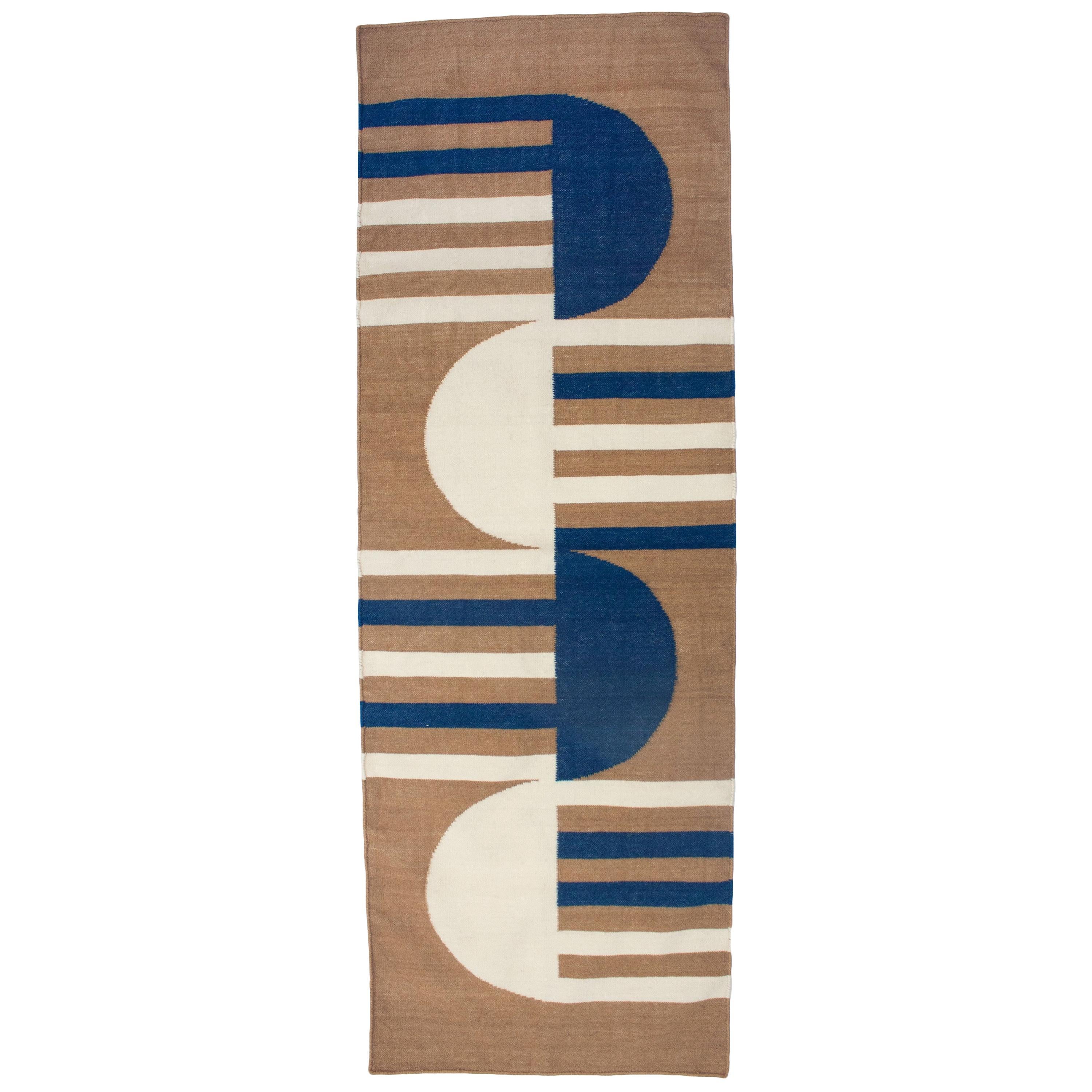 Luna Mod Blue Handwoven Modern Wool Rug, Carpet and Durrie For Sale