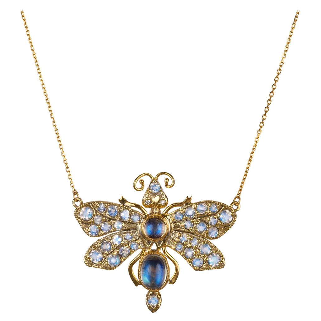 Luna Moth Necklace 14 Karat Gold Rosecut and Cabochon Moonstones and Diamond Bug For Sale