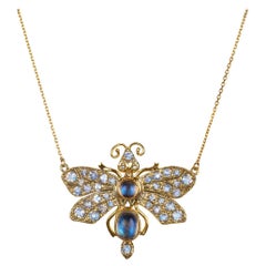 Luna Moth Necklace 14 Karat Gold Rosecut and Cabochon Moonstones and Diamond Bug