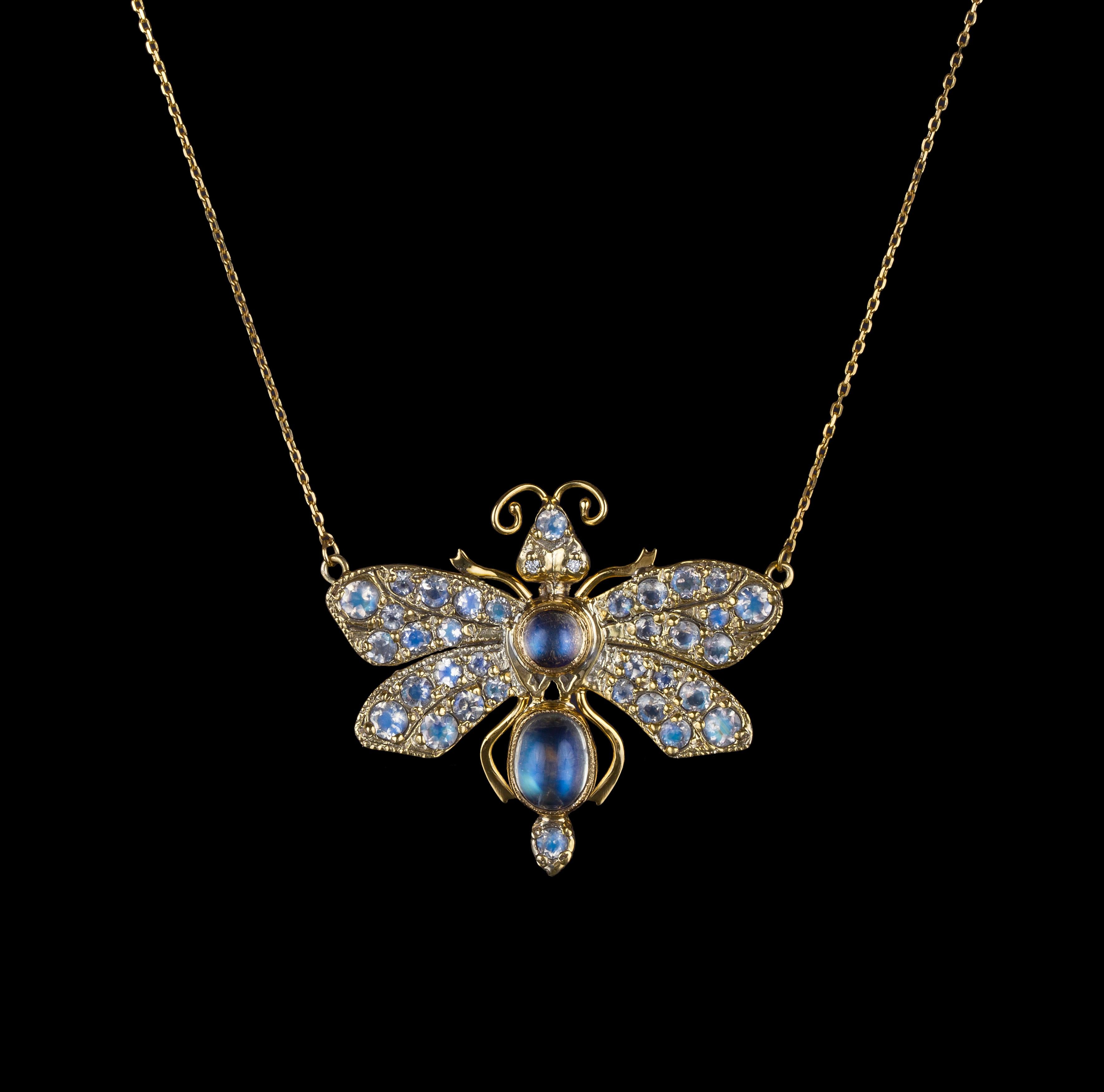 Artist Luna Moth Necklace 14 Karat Gold Rosecut and Cabochon Moonstones and Diamond Bug For Sale