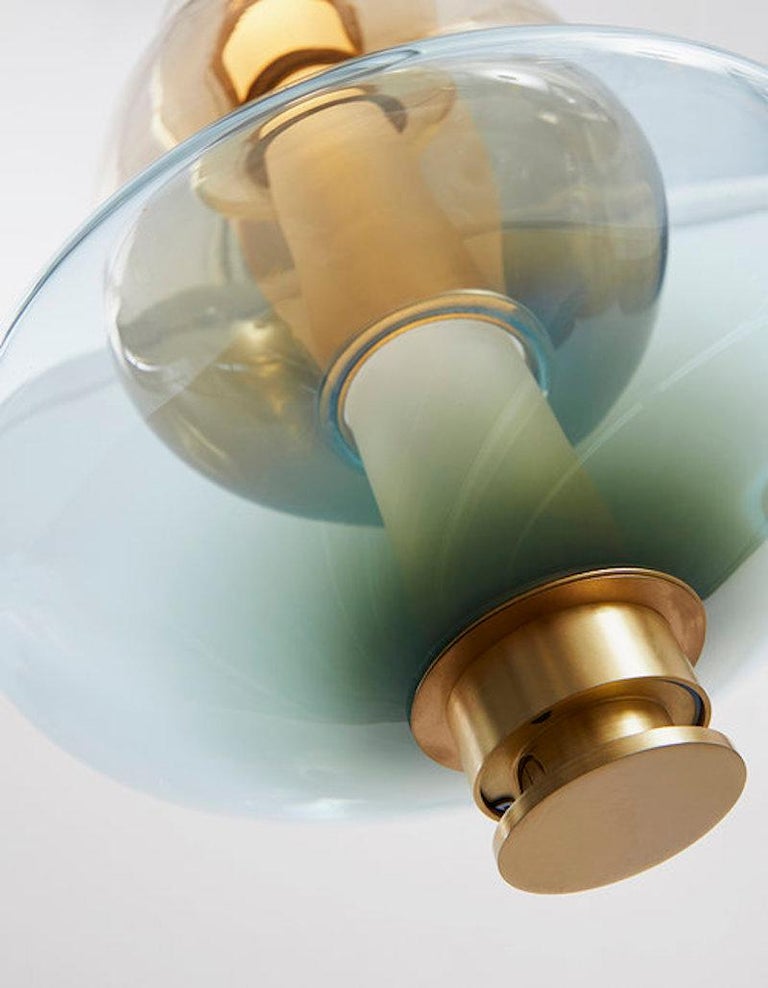 Contemporary LUNA pendant with Pink, Blue, Bronze, Grey Glass Globes and Brass Hardware