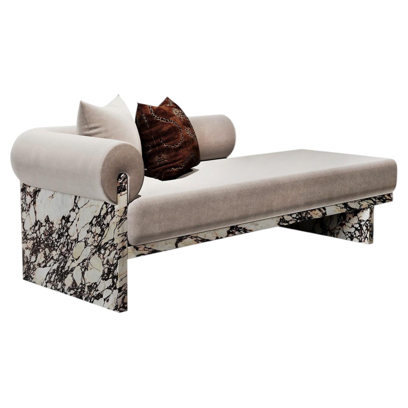 Luna Purple Calacatta Marble and Mohair Silk chaise by Sheree Stuart Design
