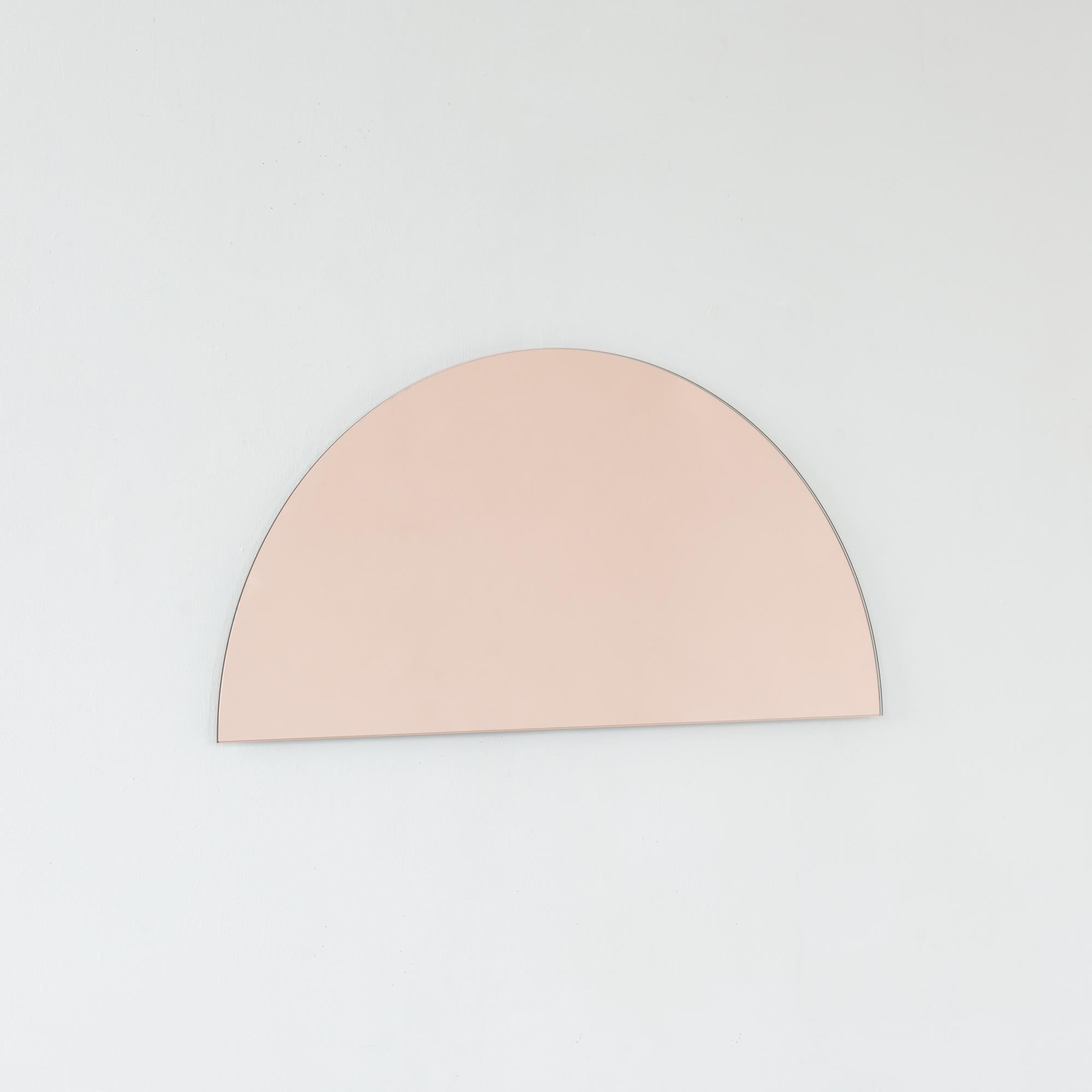Organic Modern Luna Semi-circular Rose gold Peach Tinted Contemporary Frameless Mirror, Large For Sale