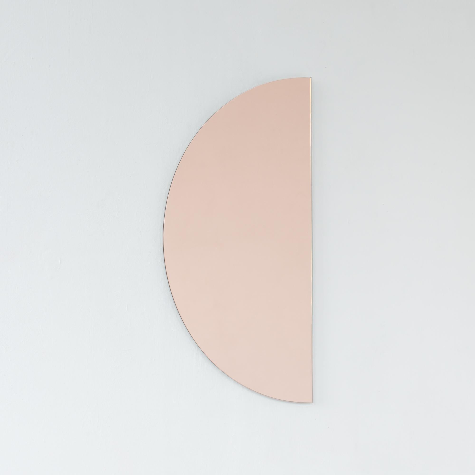 Luna Semi-circular Rose gold Peach Tinted Contemporary Frameless Mirror, Large For Sale 1