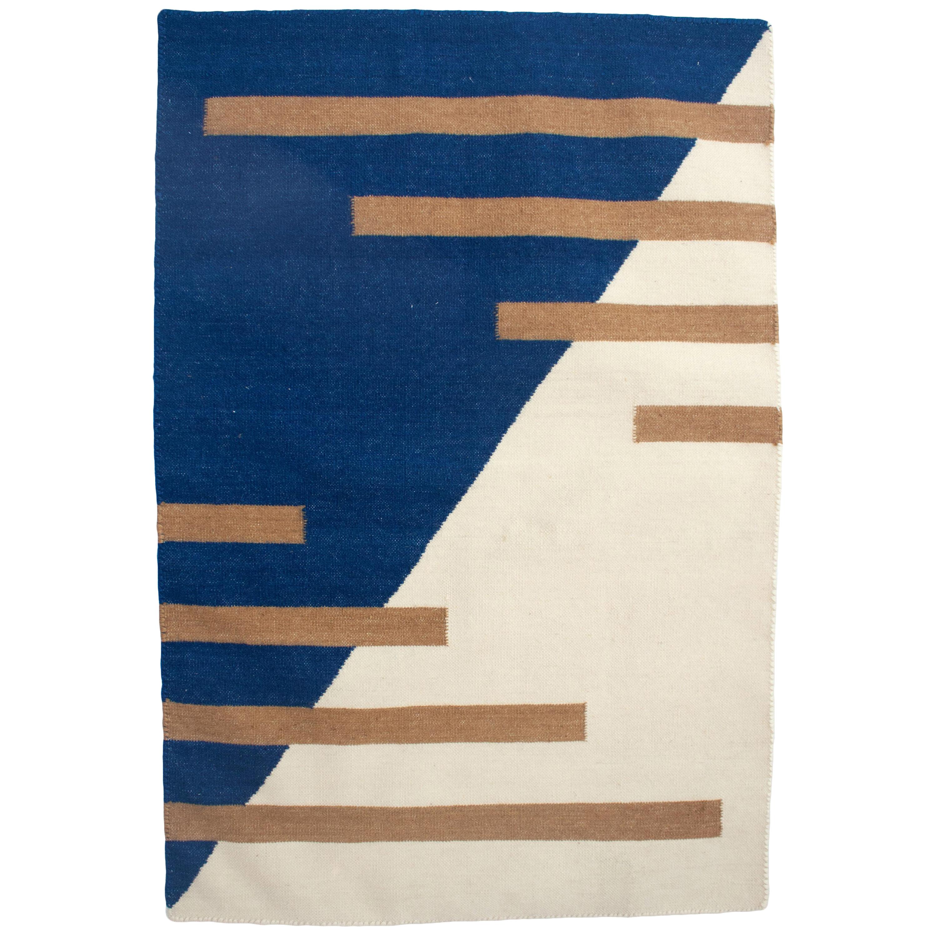 Luna Stripes Blue Handwoven Modern Wool Rug, Carpet and Durrie For Sale