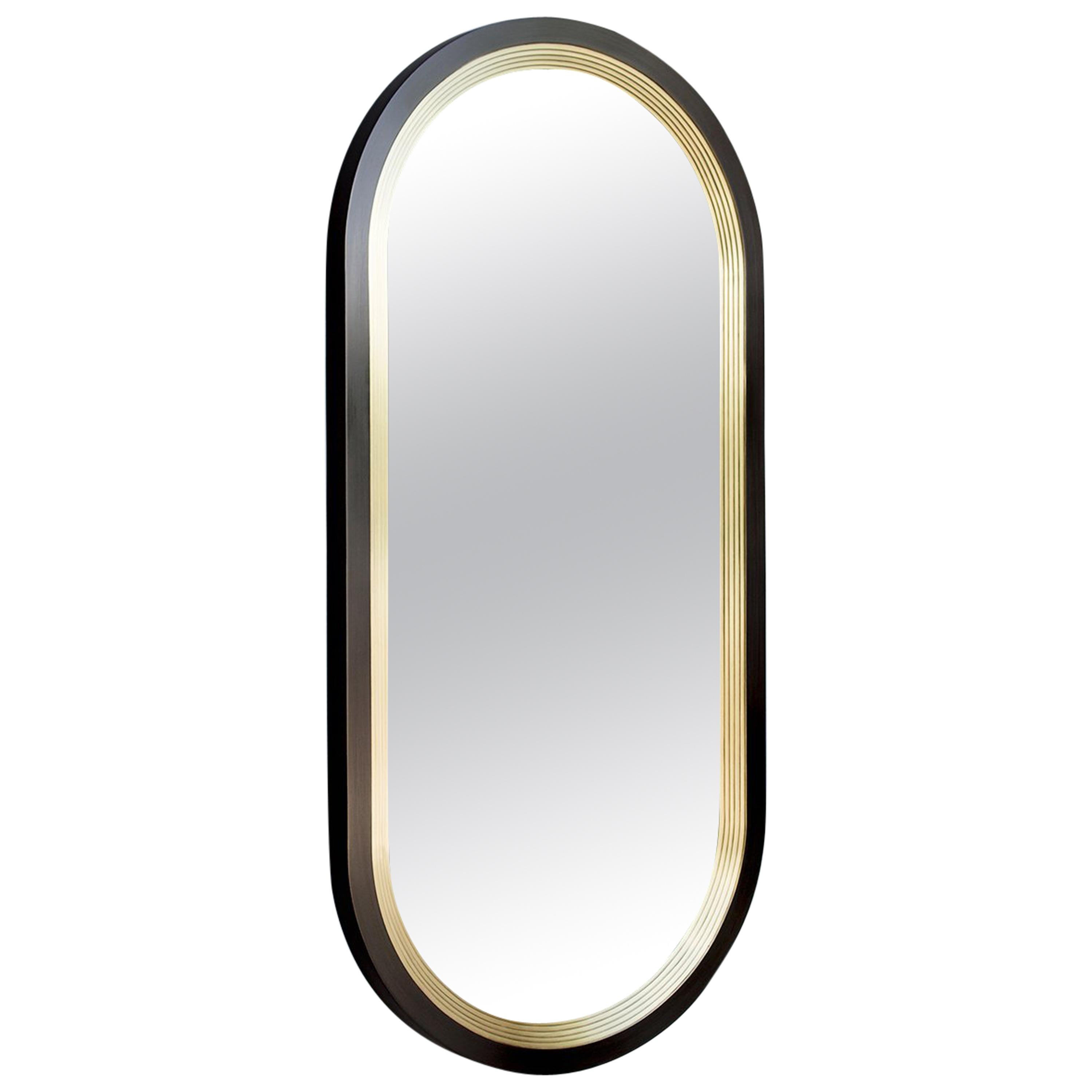 Luna Wall Mirror in a Blackened Brass and Satin Brass Finish For Sale
