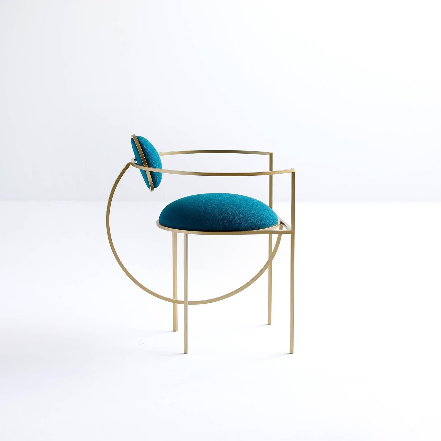 Modern Lunar Chair in Blue Wool Fabric and Brushed Brass Frame, by Lara Bohinc