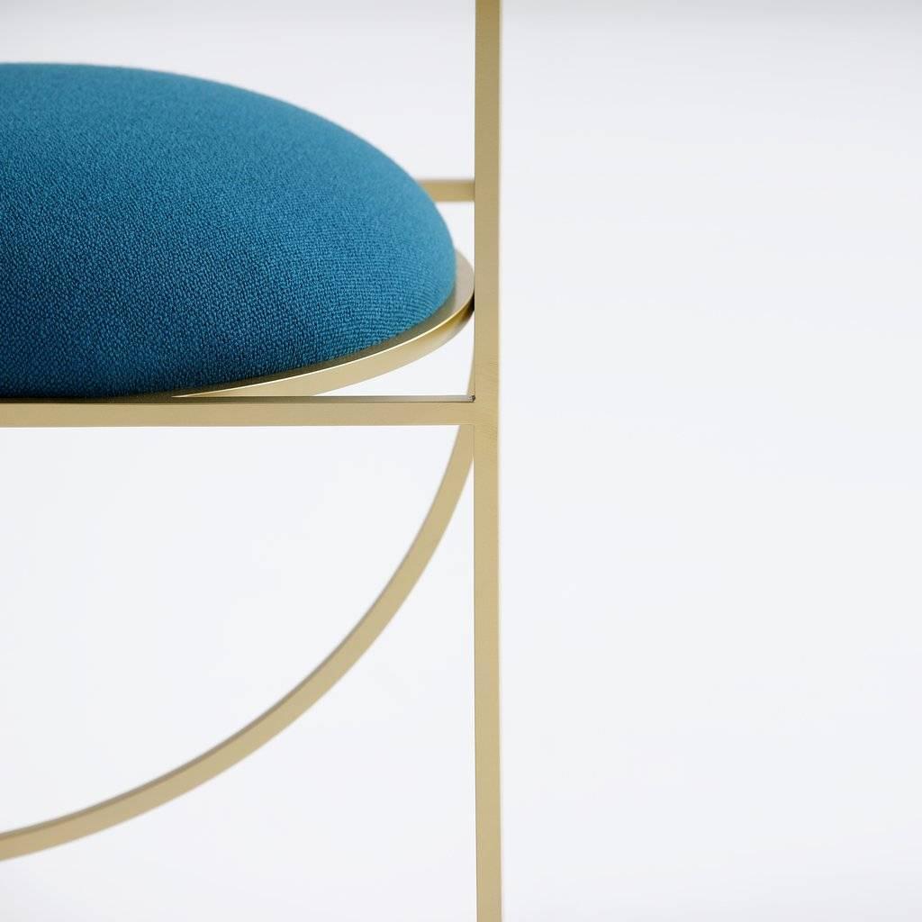 Italian Lunar Chair in Blue Wool Fabric and Brushed Brass Frame, by Lara Bohinc