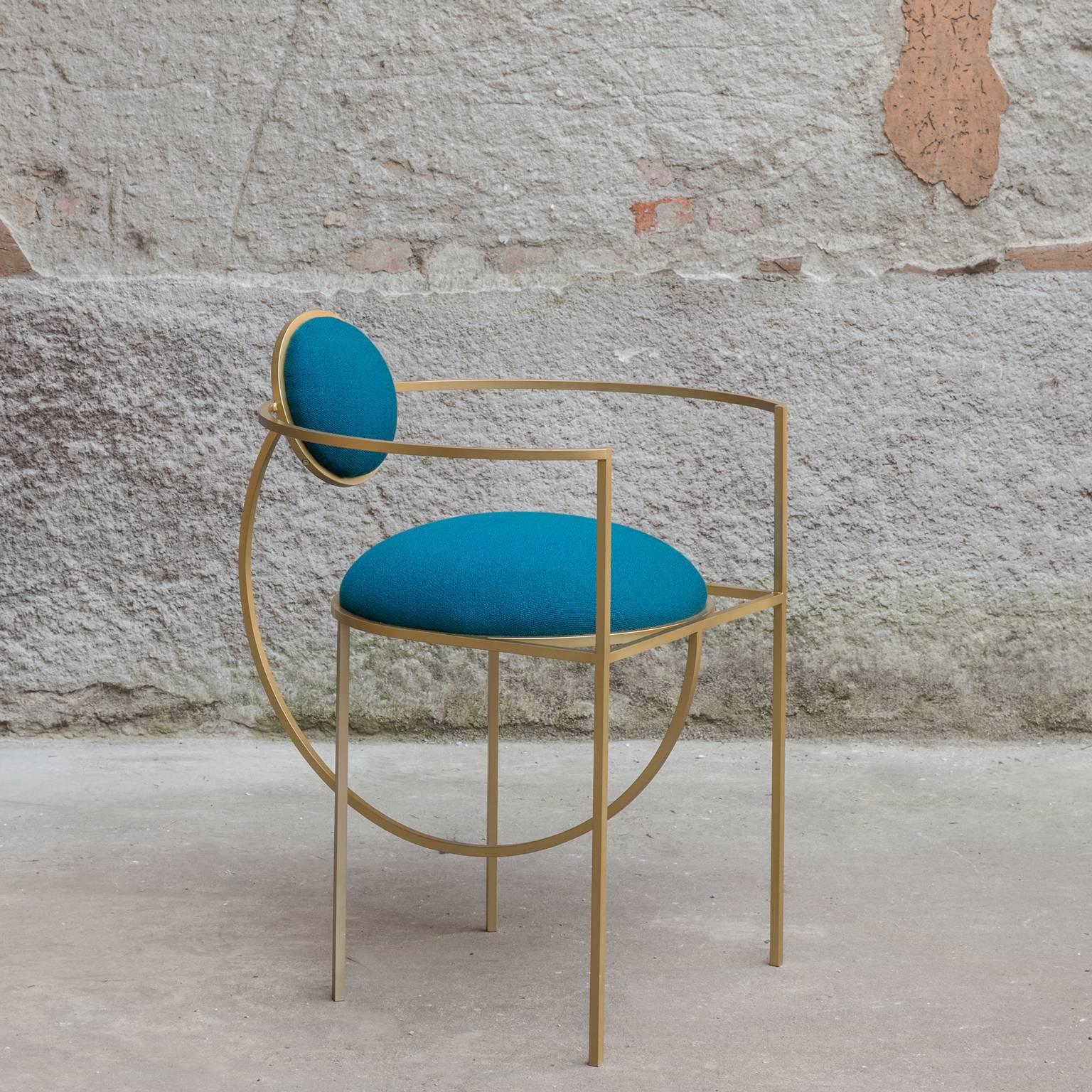 Metalwork Lunar Chair in Blue Wool Fabric and Brushed Brass Frame, by Lara Bohinc