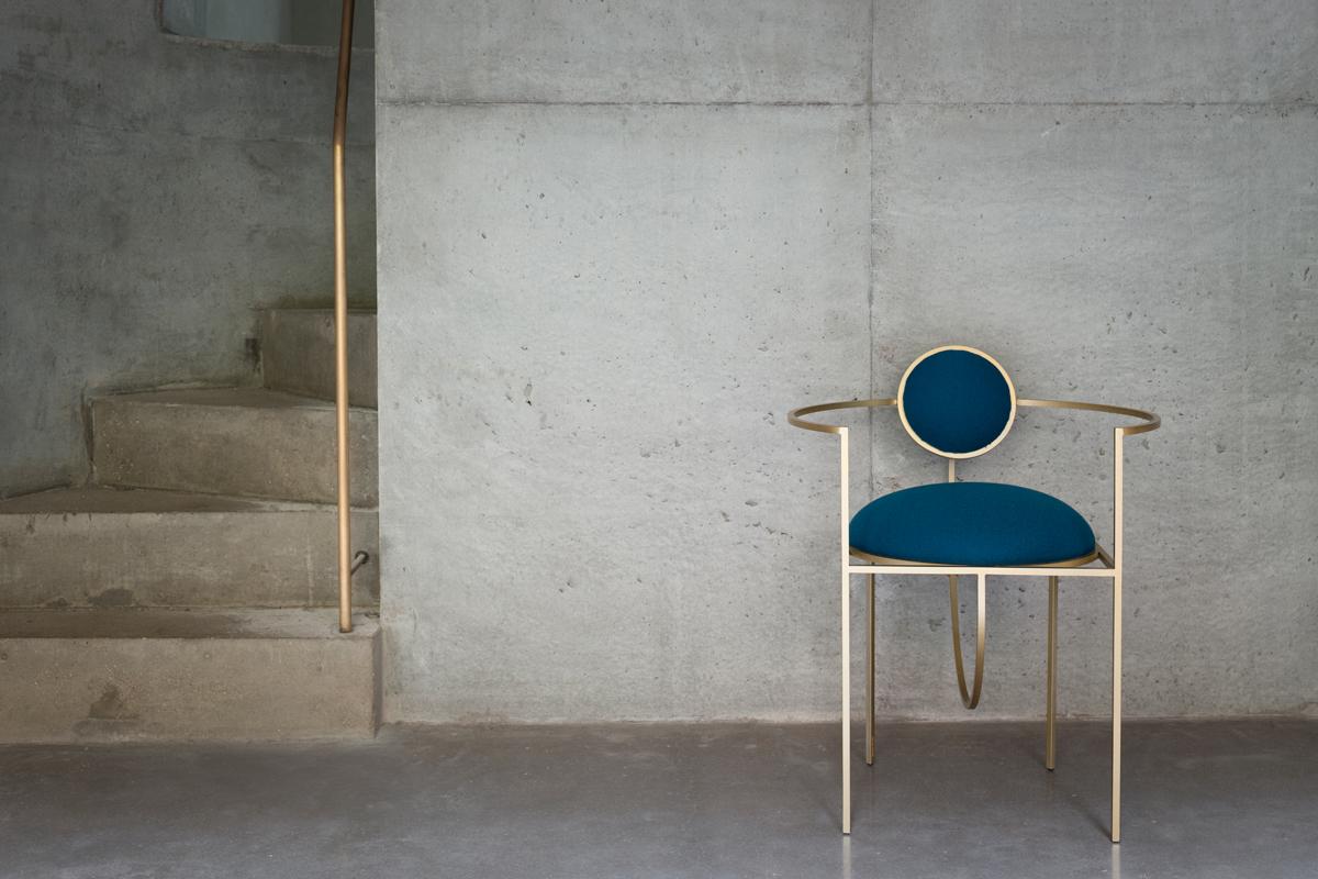 Lunar Chair in Blue Wool Fabric and Brushed Brass Frame, by Lara Bohinc In New Condition In Holland, AMSTERDAM