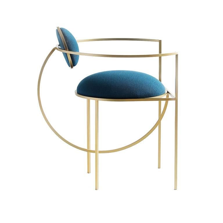 Lunar Chair in Blue Wool Fabric and Brushed Brass Frame, by Lara Bohinc