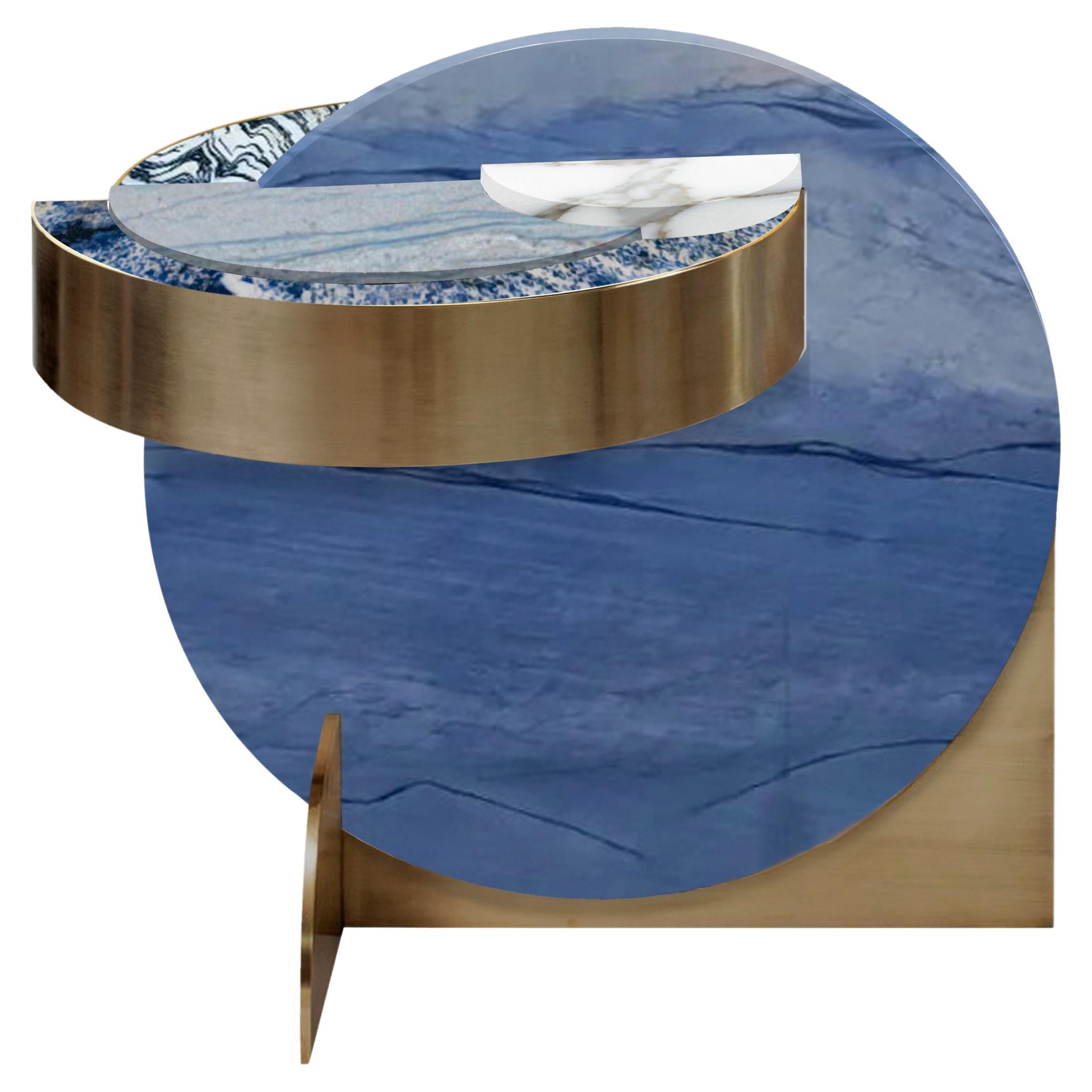 Lunar Full Moon Blue Azul Marble and Brass Side Table, Geometric, by Lara Bohinc For Sale