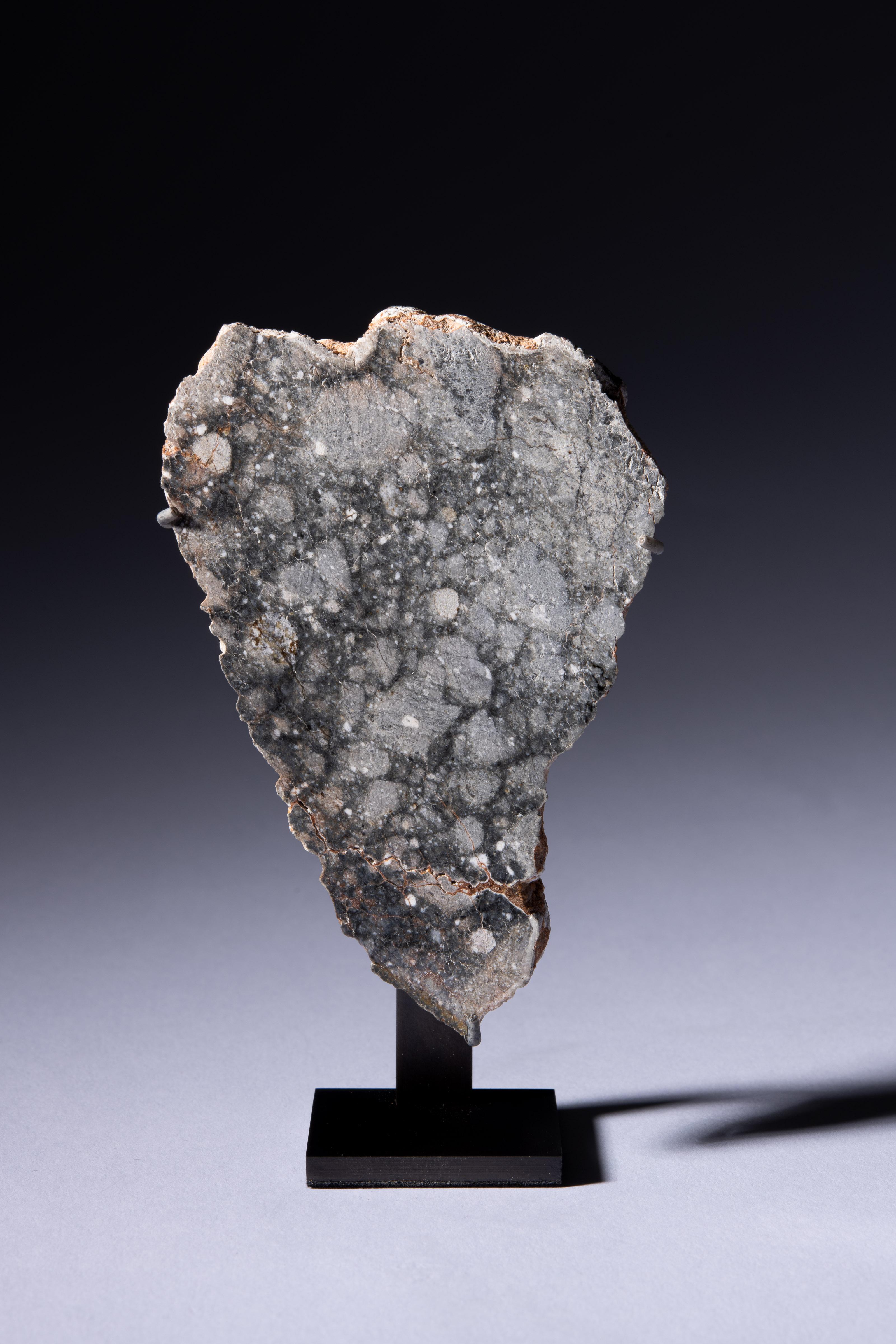 Ein wunderschöner Ausschnitt des Mondmeteoriten Gadamis 003, der in der Oasen-Berberstadt Ghadames in Libyen entdeckt wurde und ein prächtiges grau-weiß geflecktes Inneres zeigt, das an die Oberfläche des Mondes erinnert, wie sie das Auge in einer