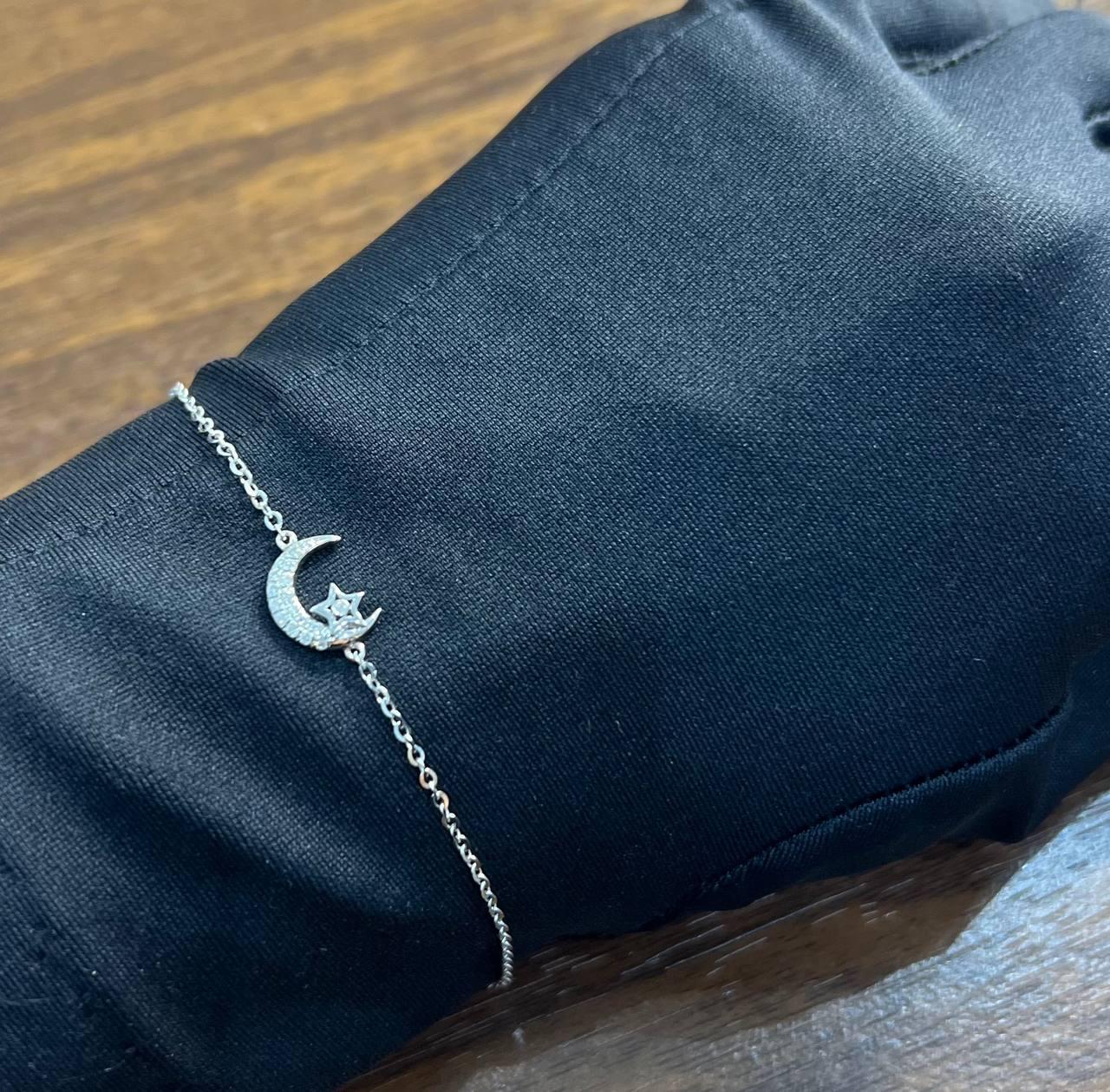 Lunar Moon Star White Brilliant Diamond Pave 18 Karat White Gold Chain Bracelet For Sale 5