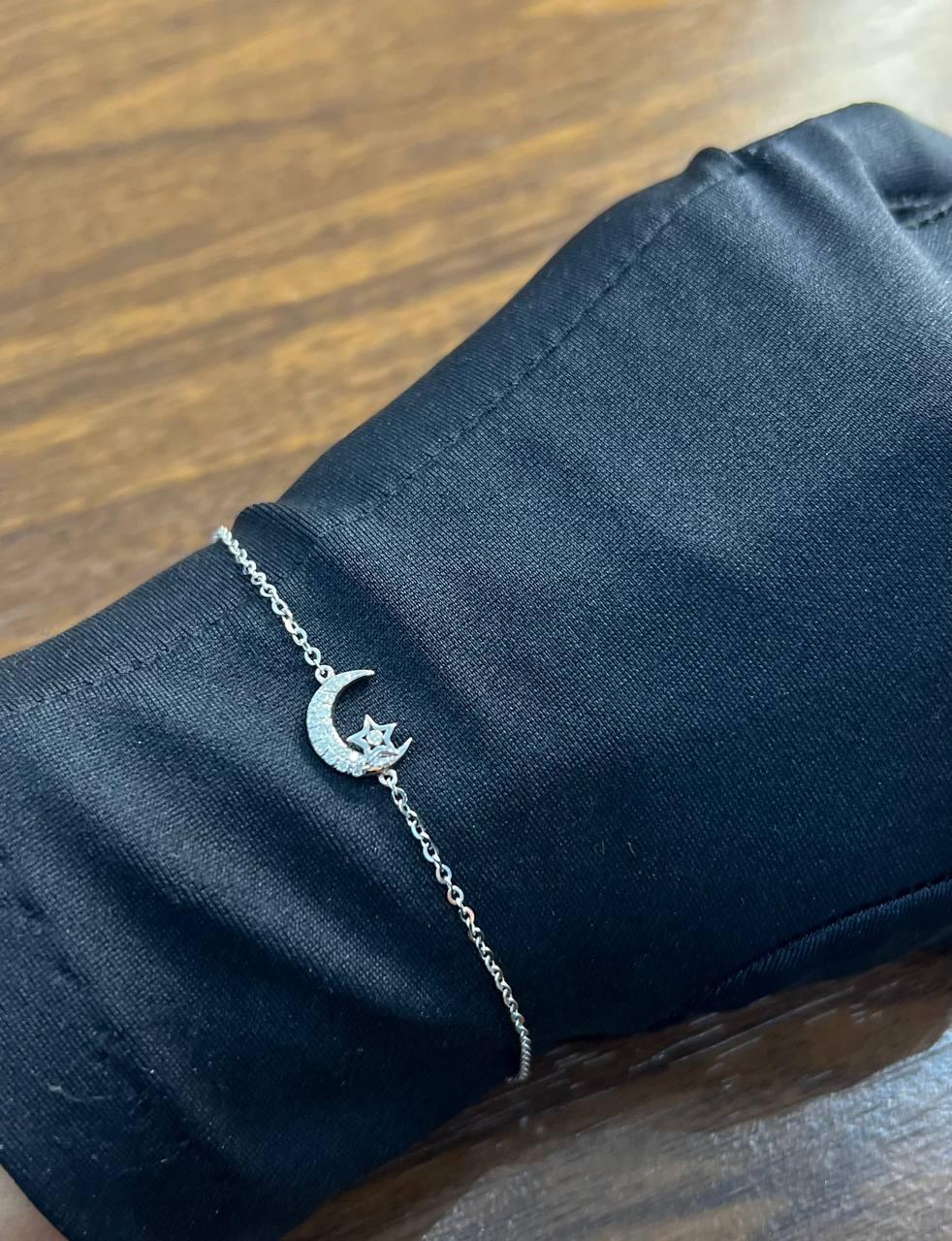 Lunar Moon Star White Brilliant Diamond Pave 18 Karat White Gold Chain Bracelet For Sale 6
