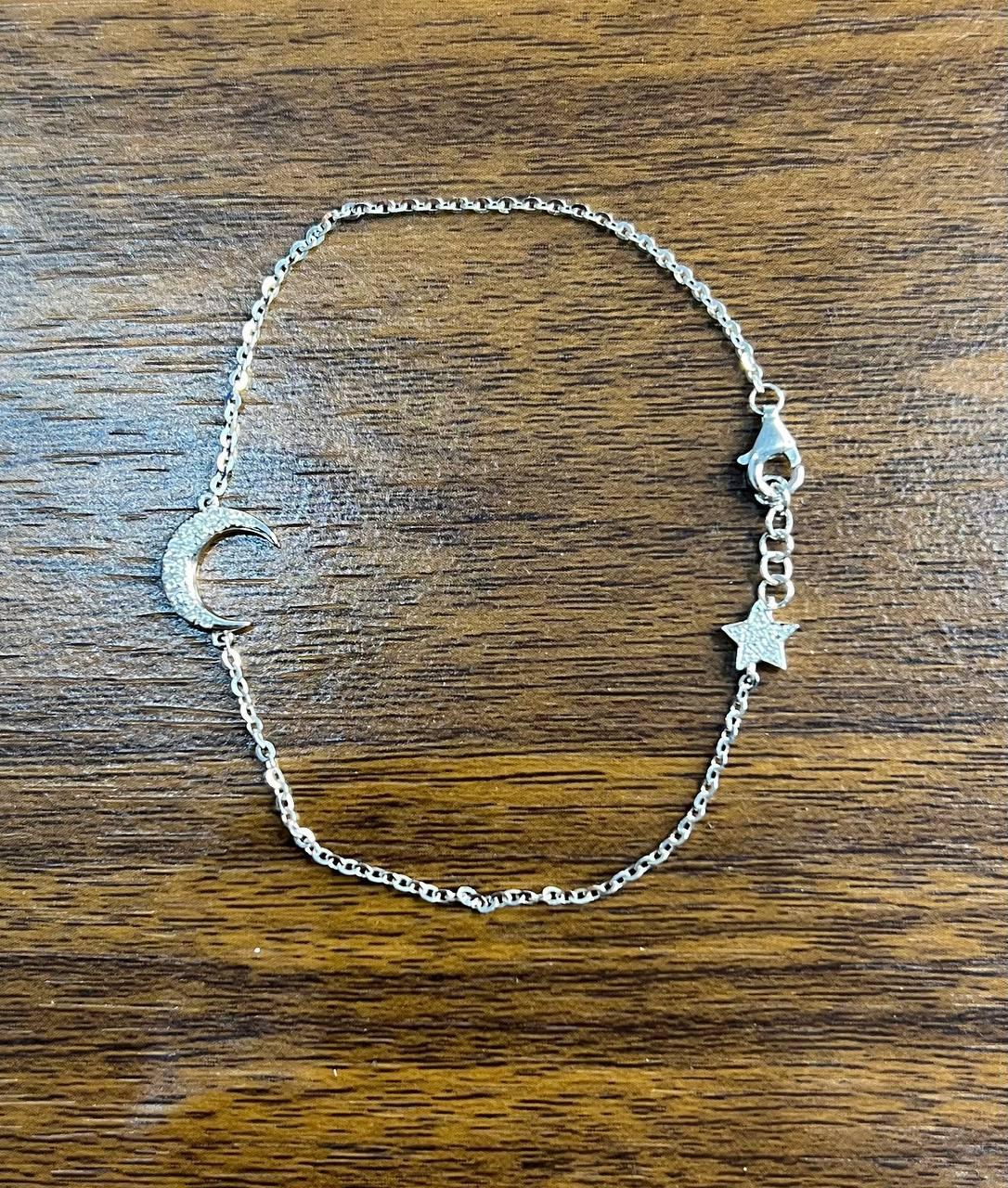 Mixed Cut Lunar Moon Star White Brilliant Diamond Pave 18 Karat White Gold Chain Bracelet For Sale
