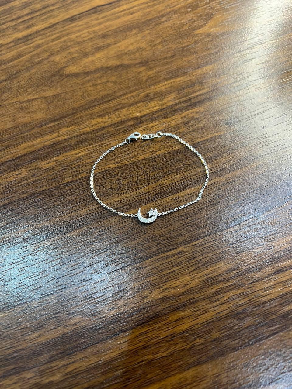 Women's Lunar Moon Star White Brilliant Diamond Pave 18 Karat White Gold Chain Bracelet For Sale