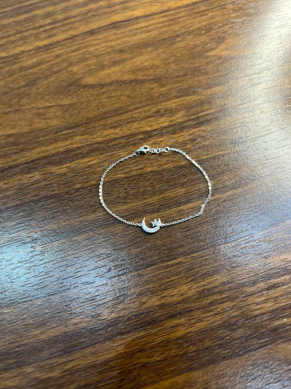 Lunar Moon Star White Brilliant Diamond Pave 18 Karat White Gold Chain Bracelet For Sale 1