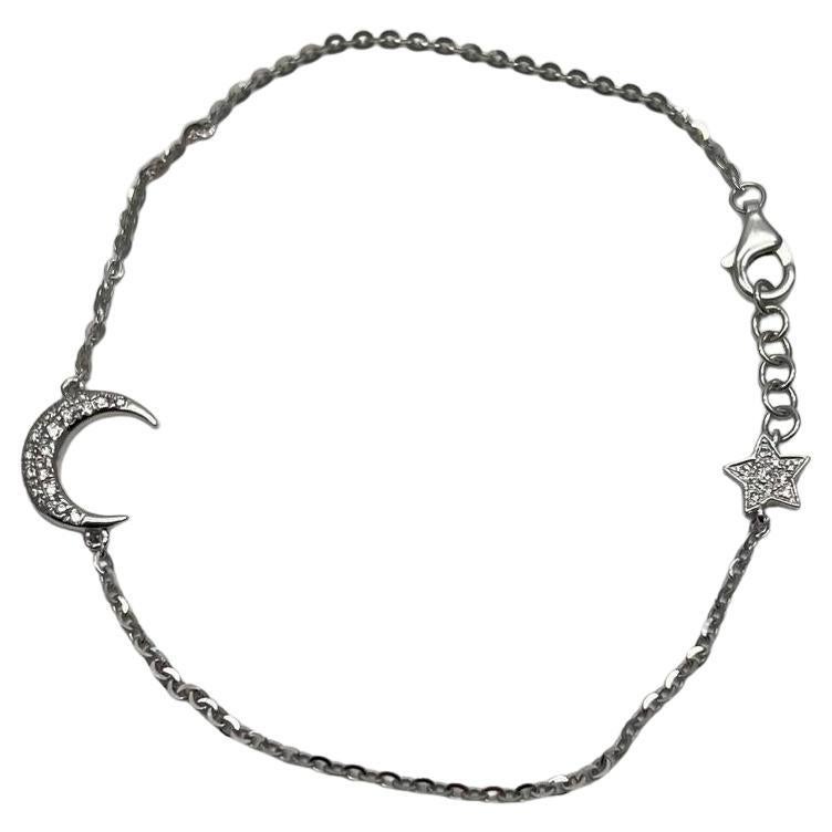 Lunar Moon Star White Brilliant Diamond Pave 18 Karat White Gold Chain Bracelet