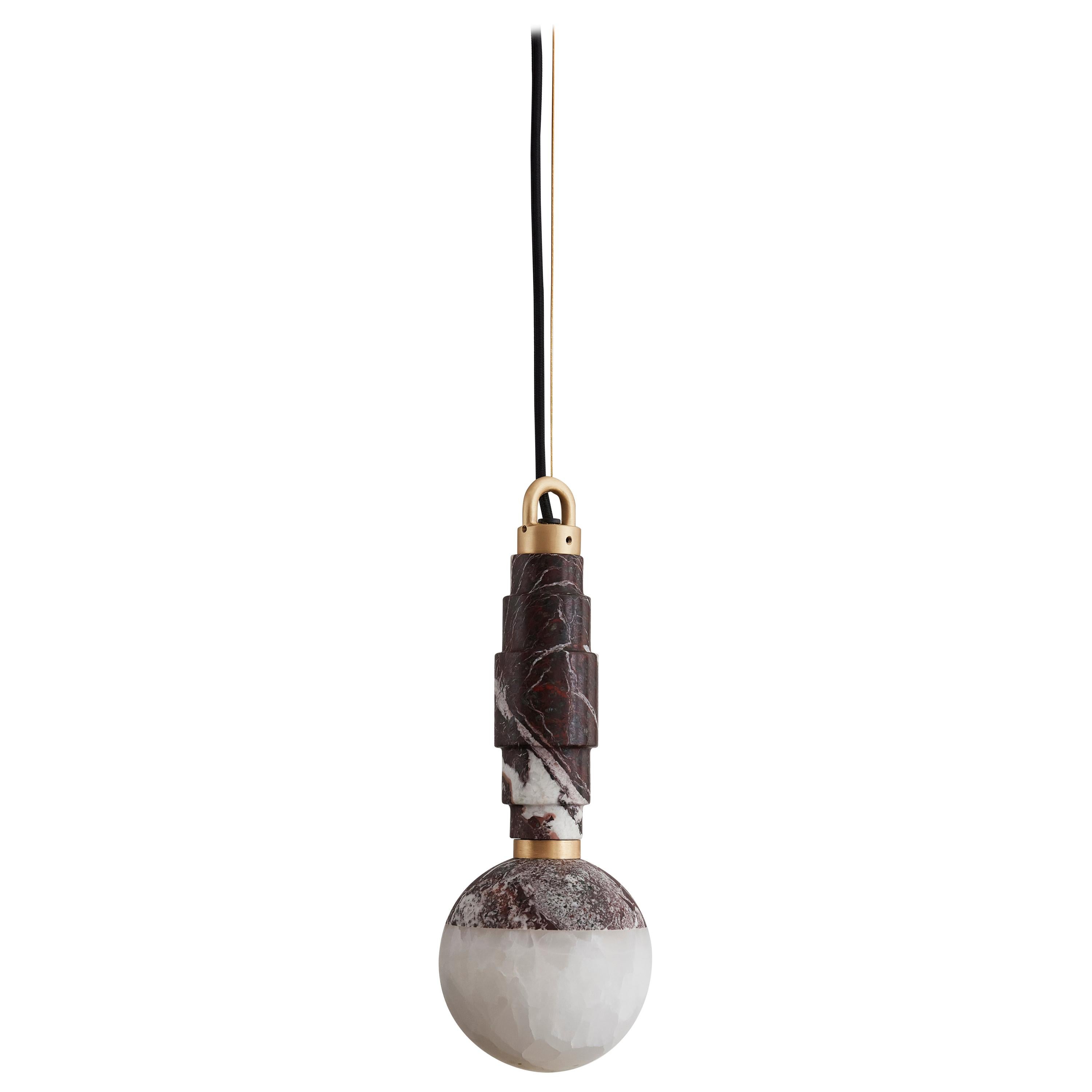 Lunar Pendant Rosso Levanto Marble and Brushed Brass For Sale