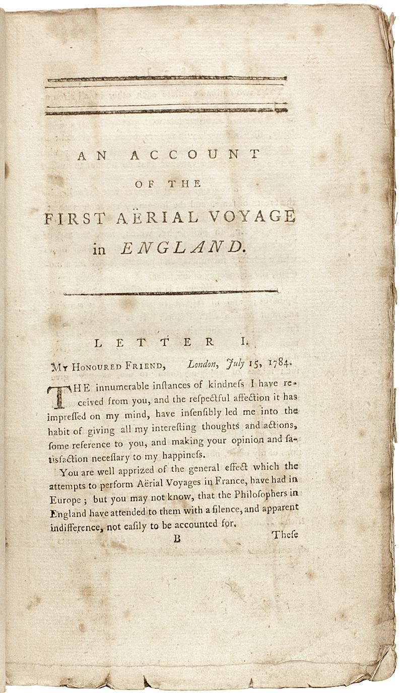 British Lunardi - Account of the First Aerial Voyage in England - 1784 - First Edition For Sale