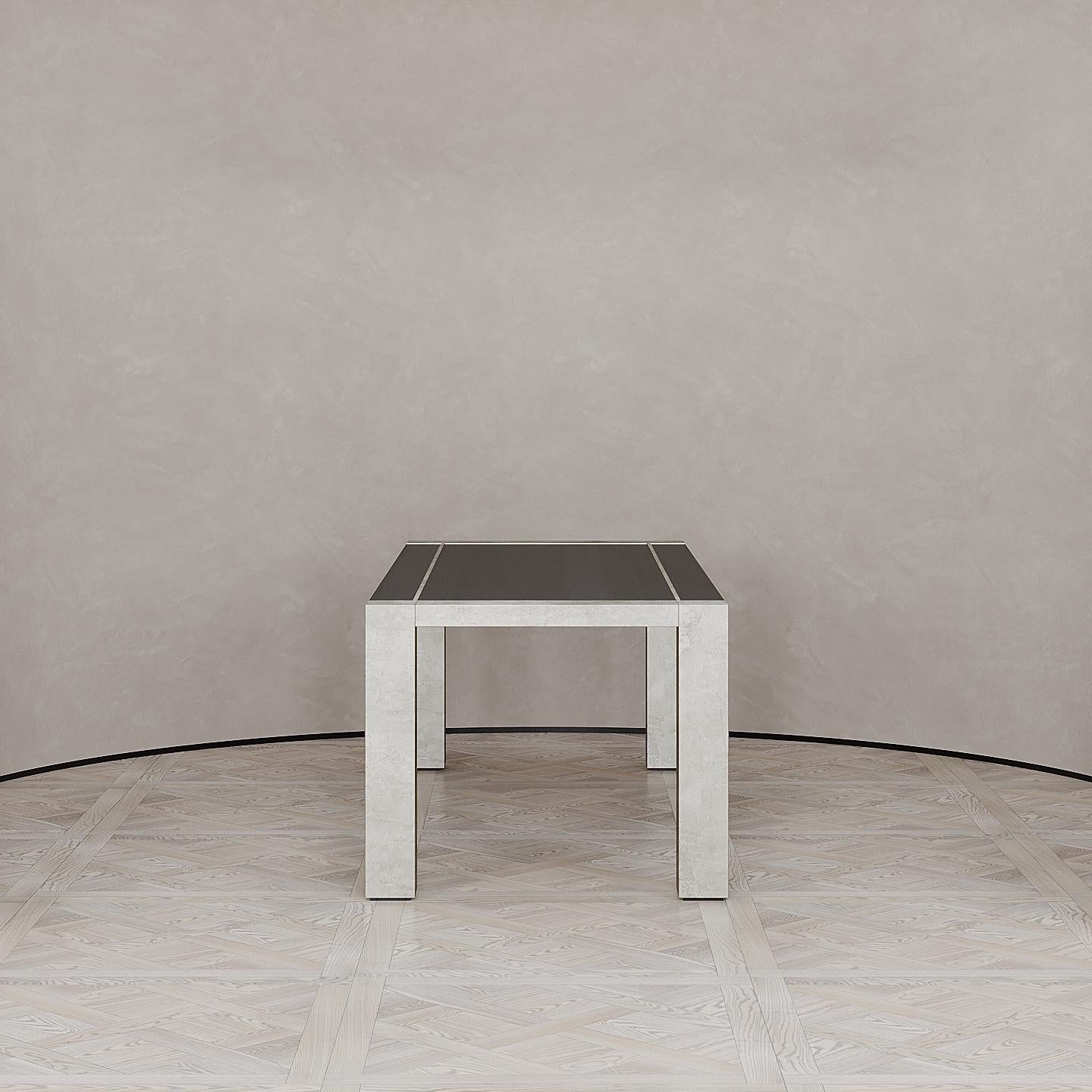 Minimalist Lunares Rectangular Dining Table of Oak and Pewter, Made in Italy For Sale