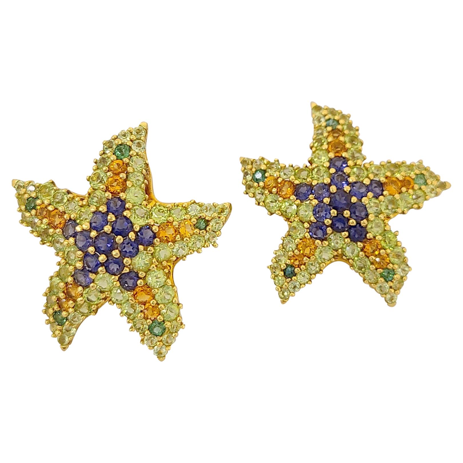 Lunati 18 Karat Yellow Gold Semi Precious 3.21 Carat Starfish Earrings For Sale