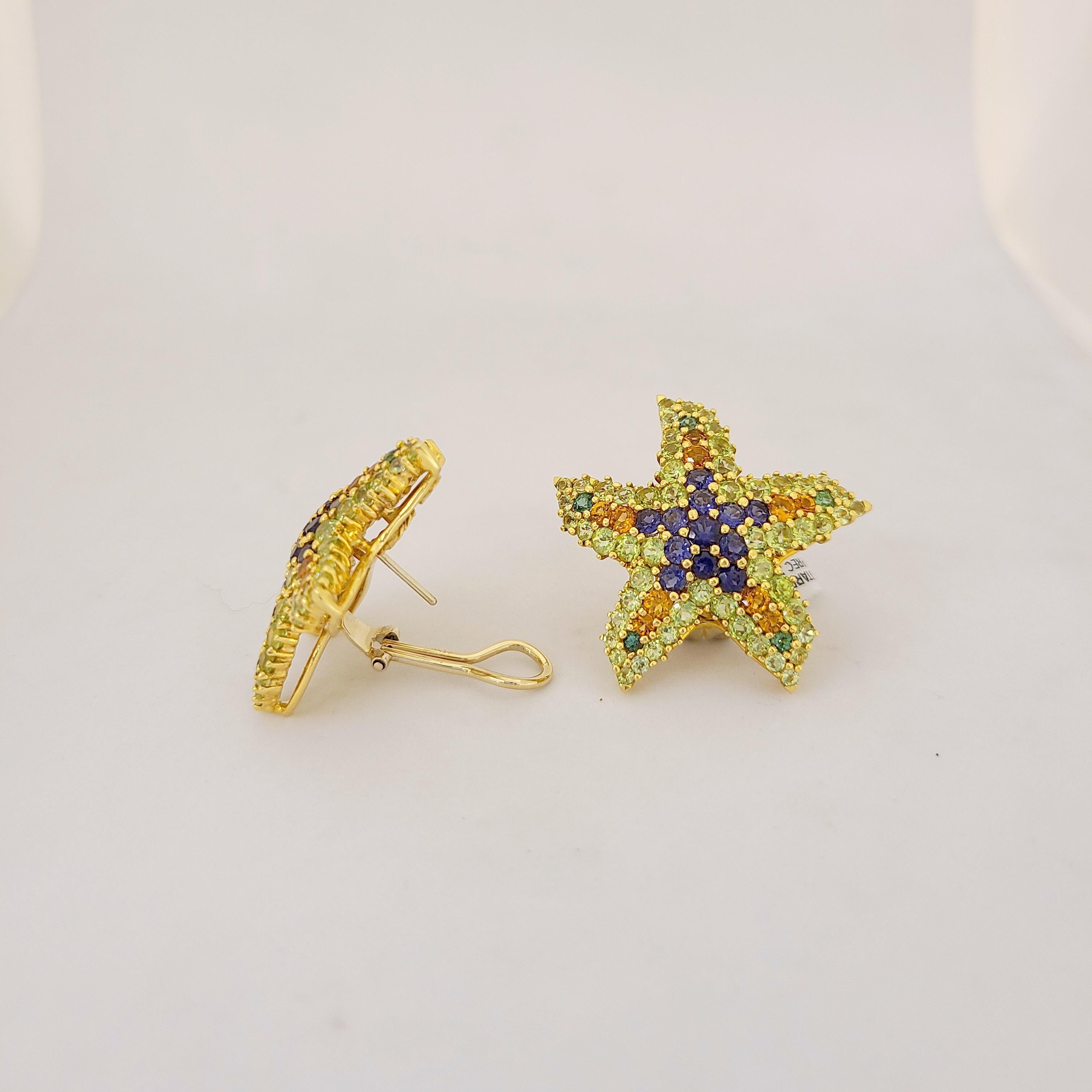 Round Cut Lunati 18 Karat Yellow Gold Semi Precious 3.21 Carat Starfish Earrings For Sale