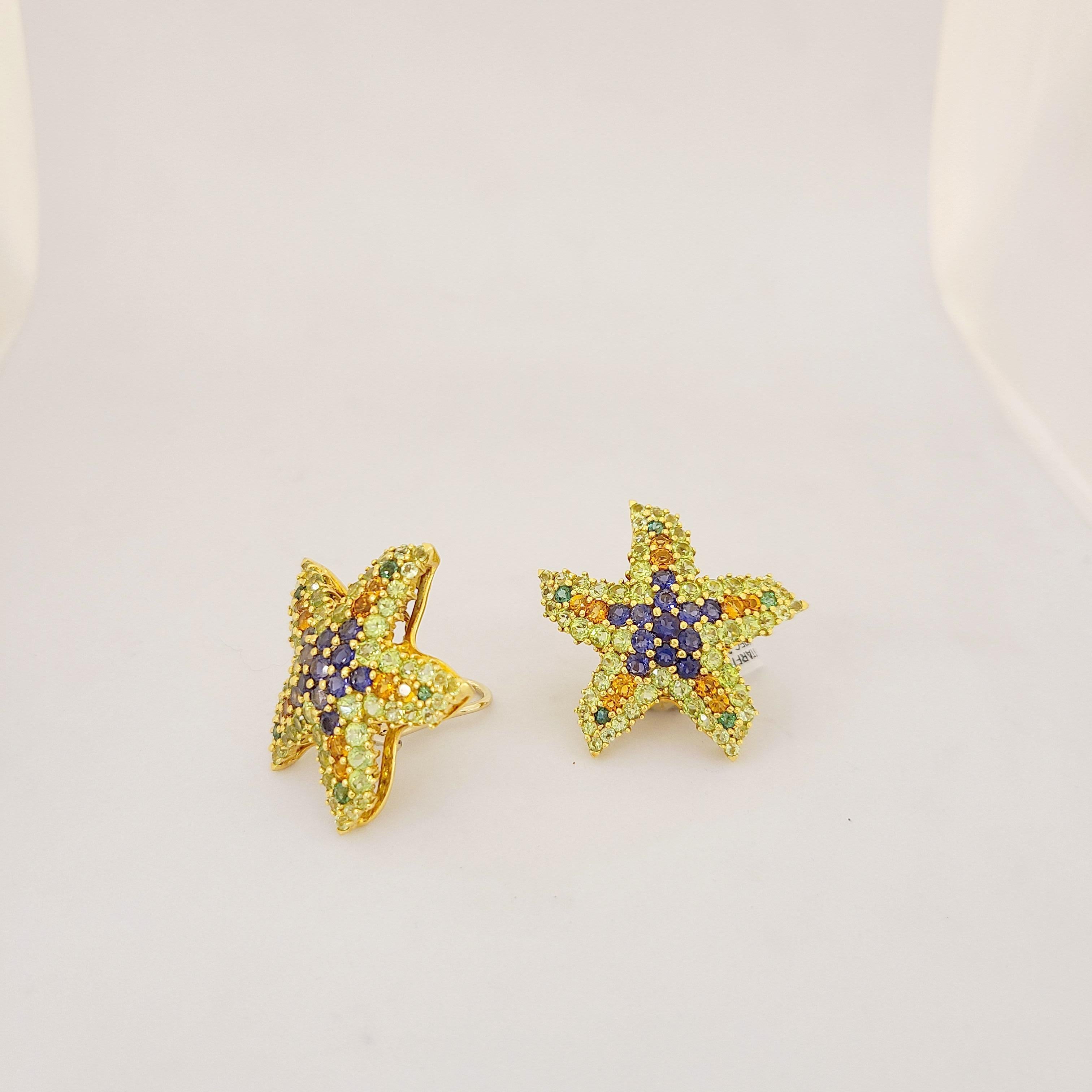 Lunati 18 Karat Yellow Gold Semi Precious 3.21 Carat Starfish Earrings In New Condition For Sale In New York, NY
