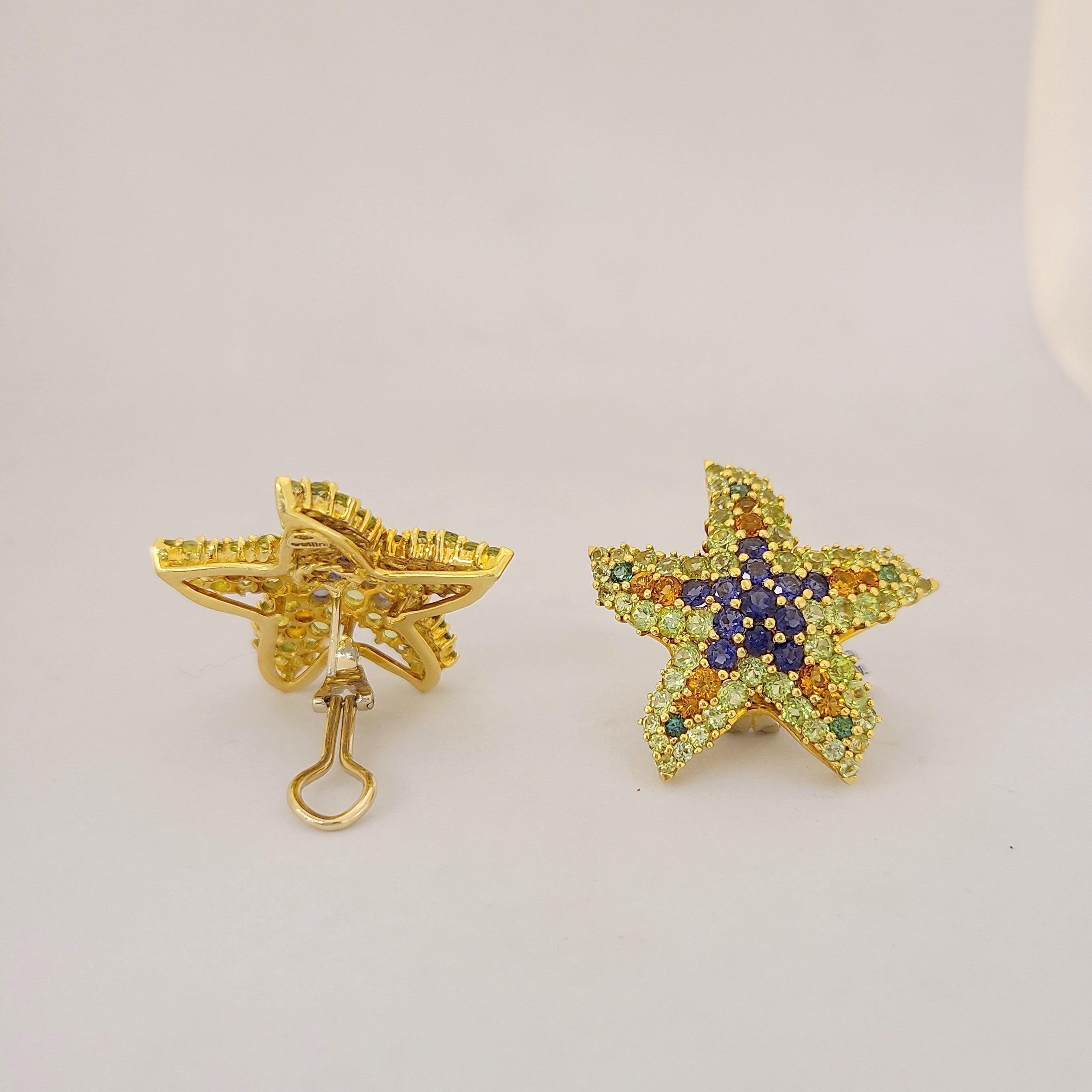 Women's or Men's Lunati 18 Karat Yellow Gold Semi Precious 3.21 Carat Starfish Earrings For Sale