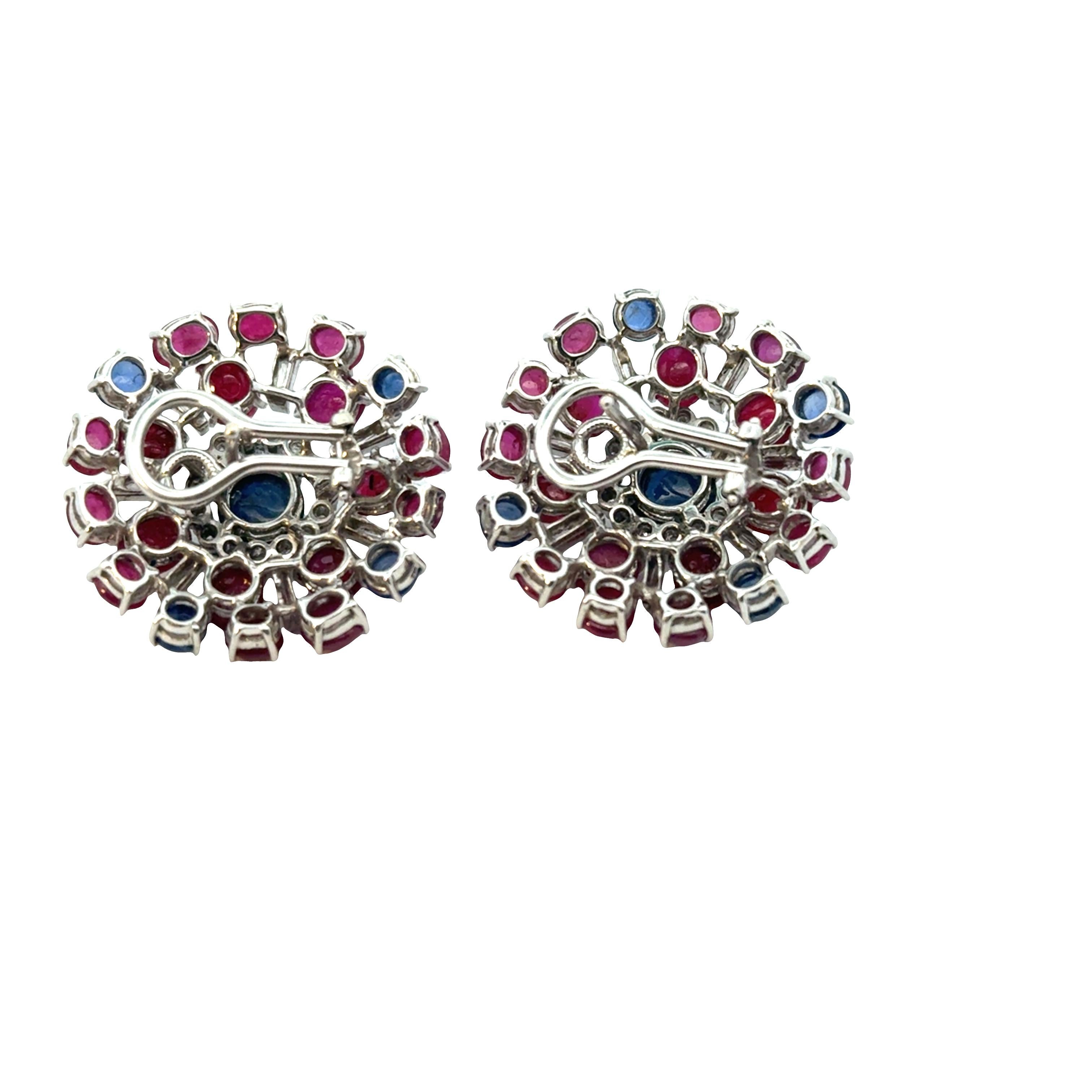 Cabochon Lunati Vintage Sapphire, Ruby & Diamond Earrings, 1960s For Sale