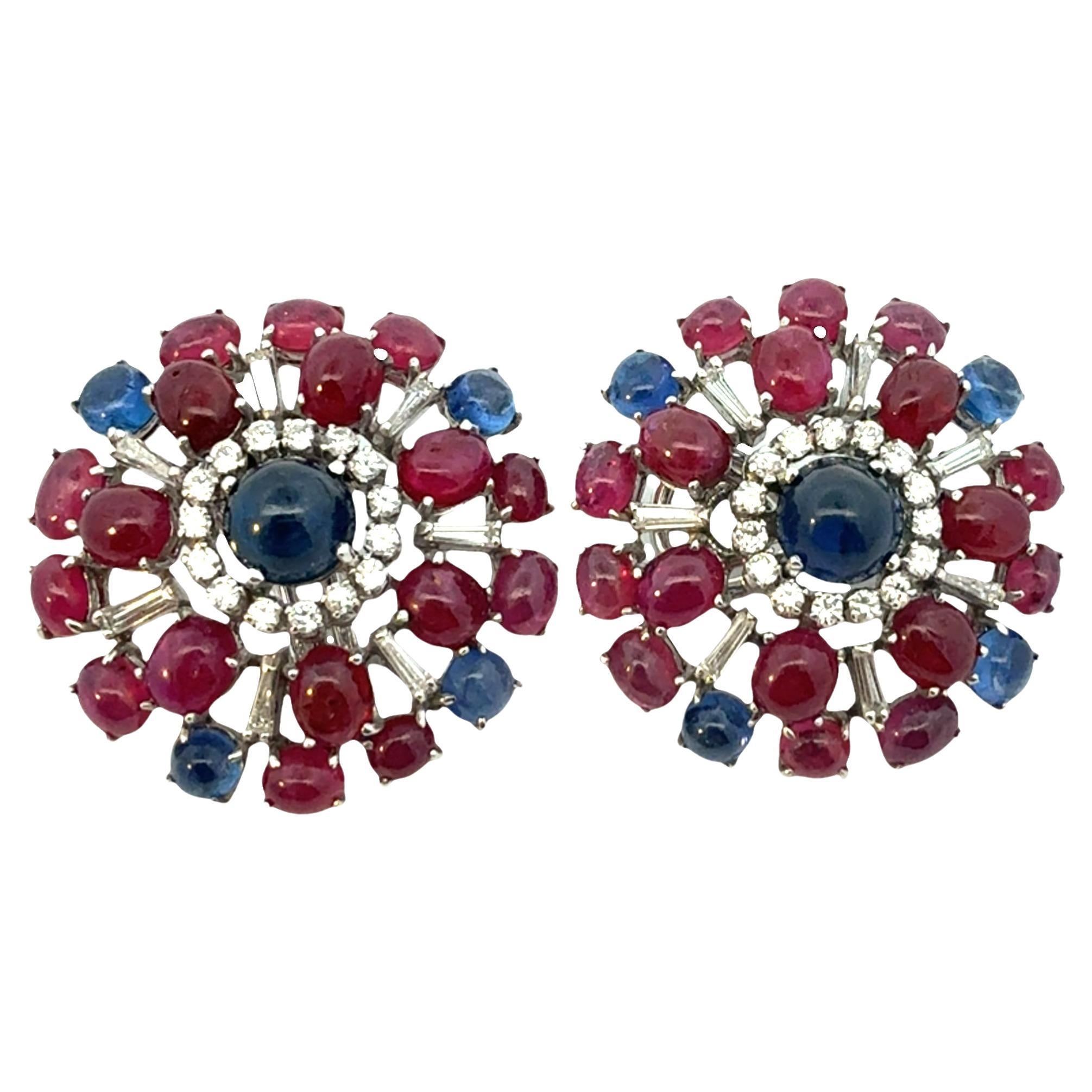 Orecchini Lunati Vintage con zaffiri, rubini e diamanti, anni 
60