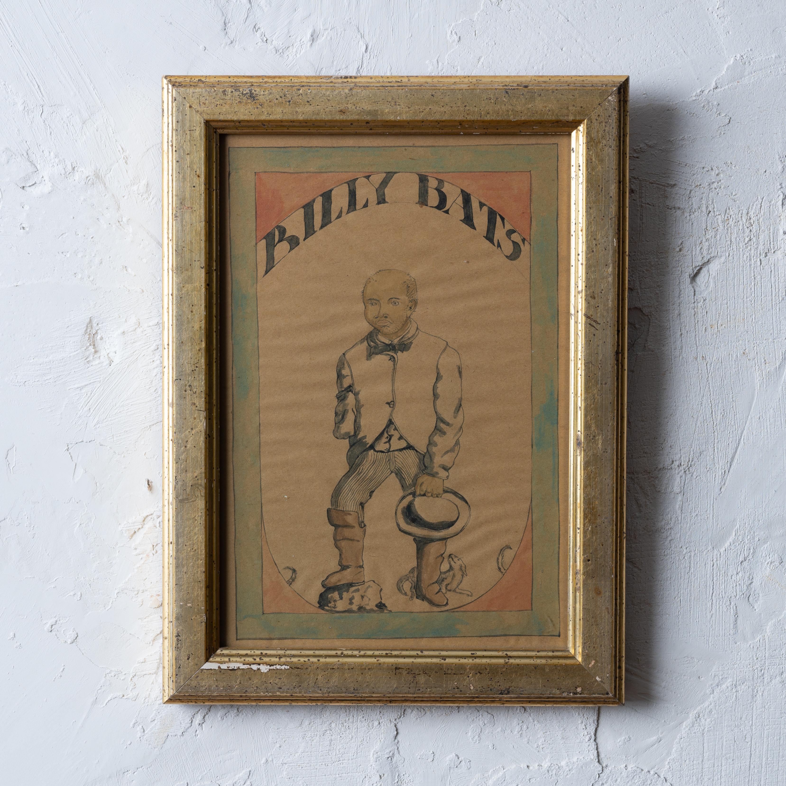 Eine Zeichnung eines unbekannten Außenseiters, die den verrückten Billy Bats aus Troy, New York, 1872 zeigt.
Verso aufgeklebte Notiz des Künstlers: 