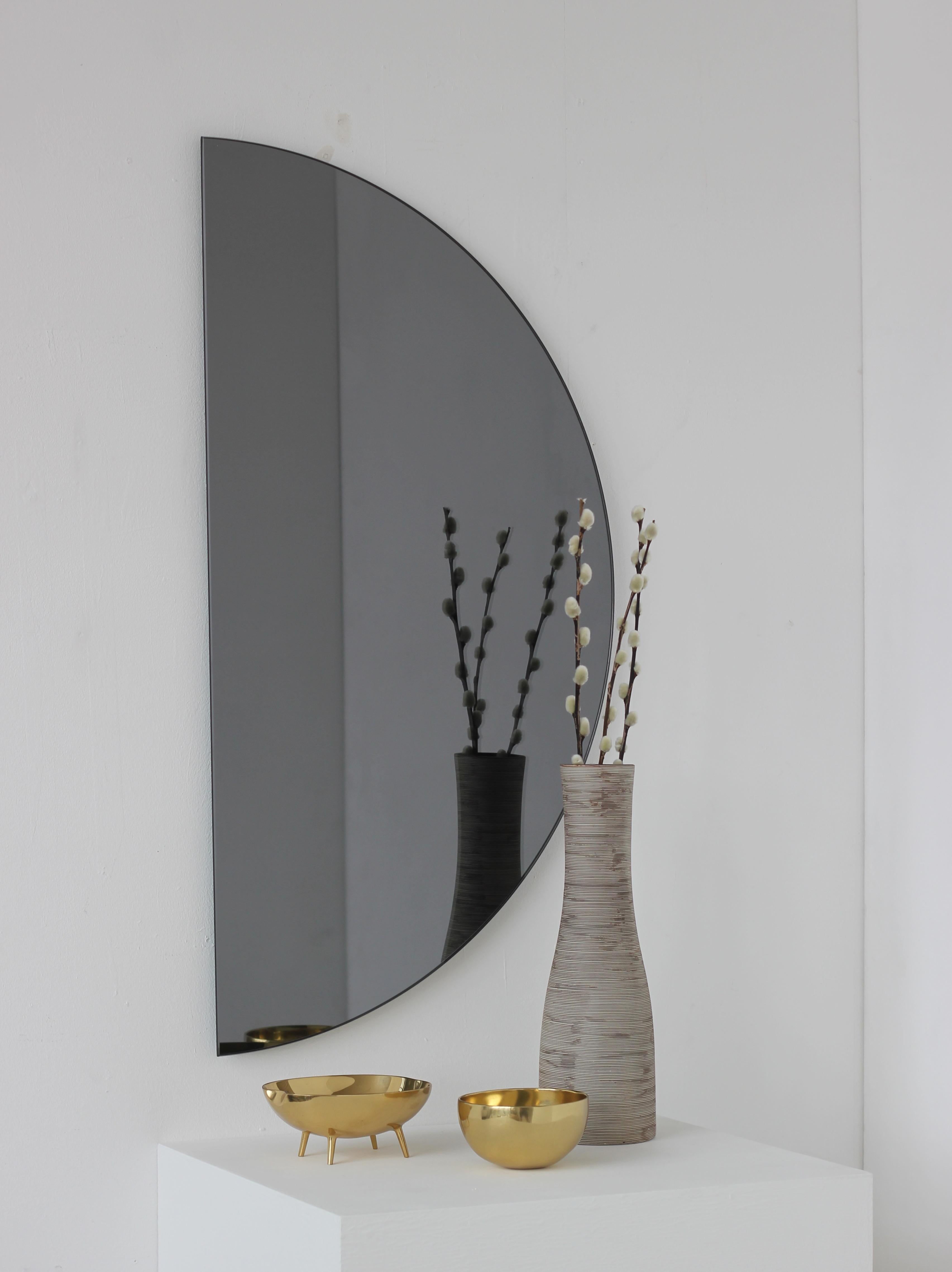 British Set of 2 Luna Half-Moon Black Tinted Round Frameless Minimalist Mirror, Large