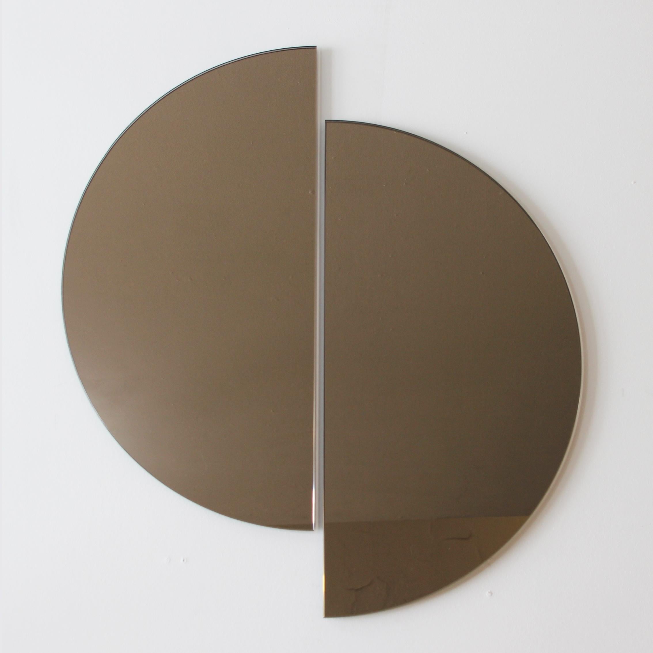 Minimalist Luna™ 2 Half-Moon Pieces Bronze Tinted Round Frameless Bespoke Mirror, Medium