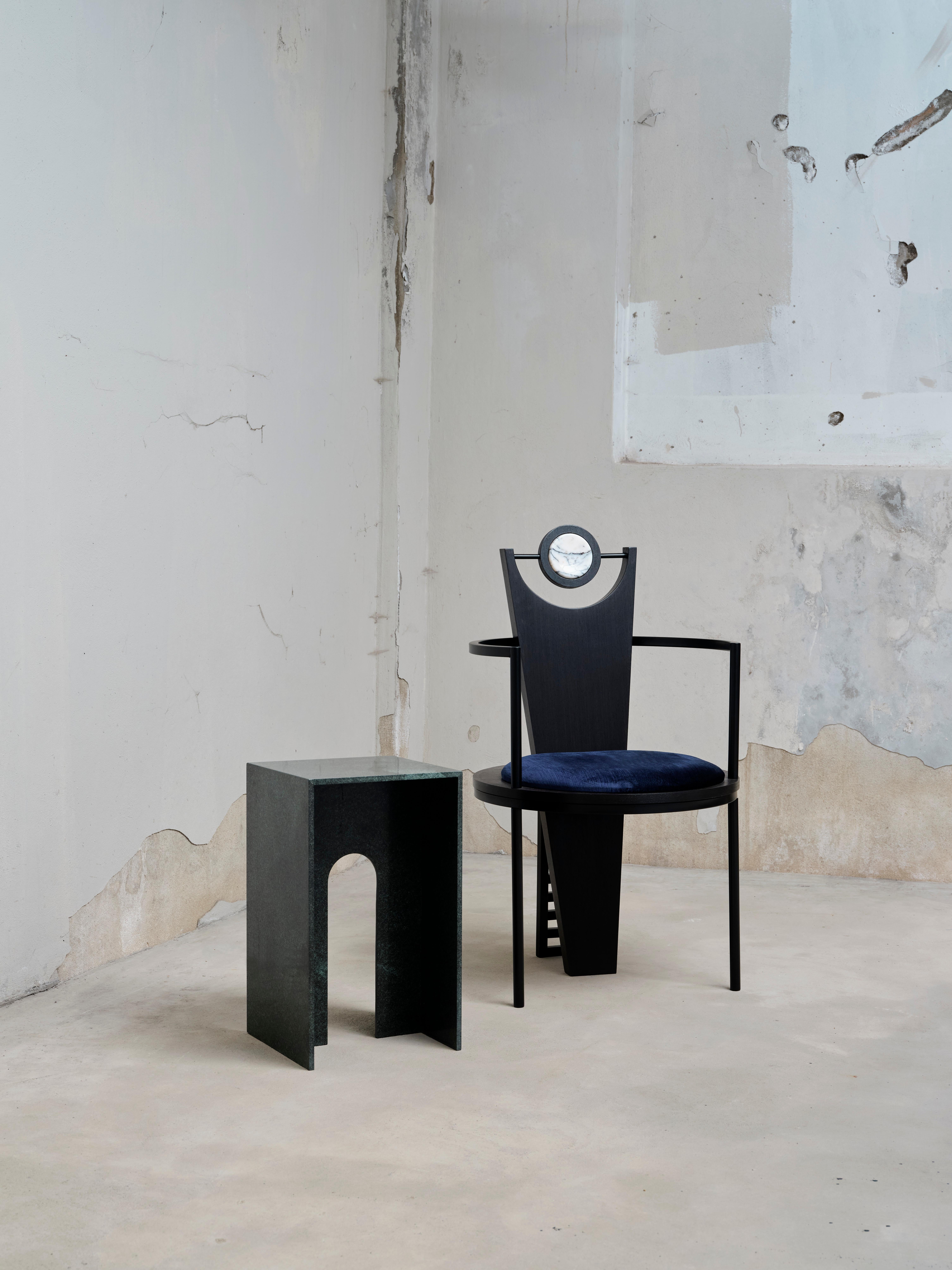 Silla Lunatro, Madera, Metalistería, Terciopelo Azul, Detalle Mármol, Studio Mohs en venta 1